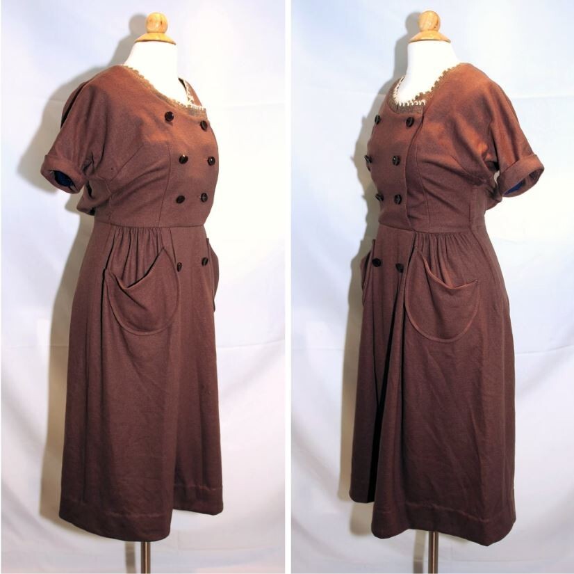 Vintage 1960’s Helen Whiting Brown Wool Day Dress Button Front XS/S Swiss Miss
