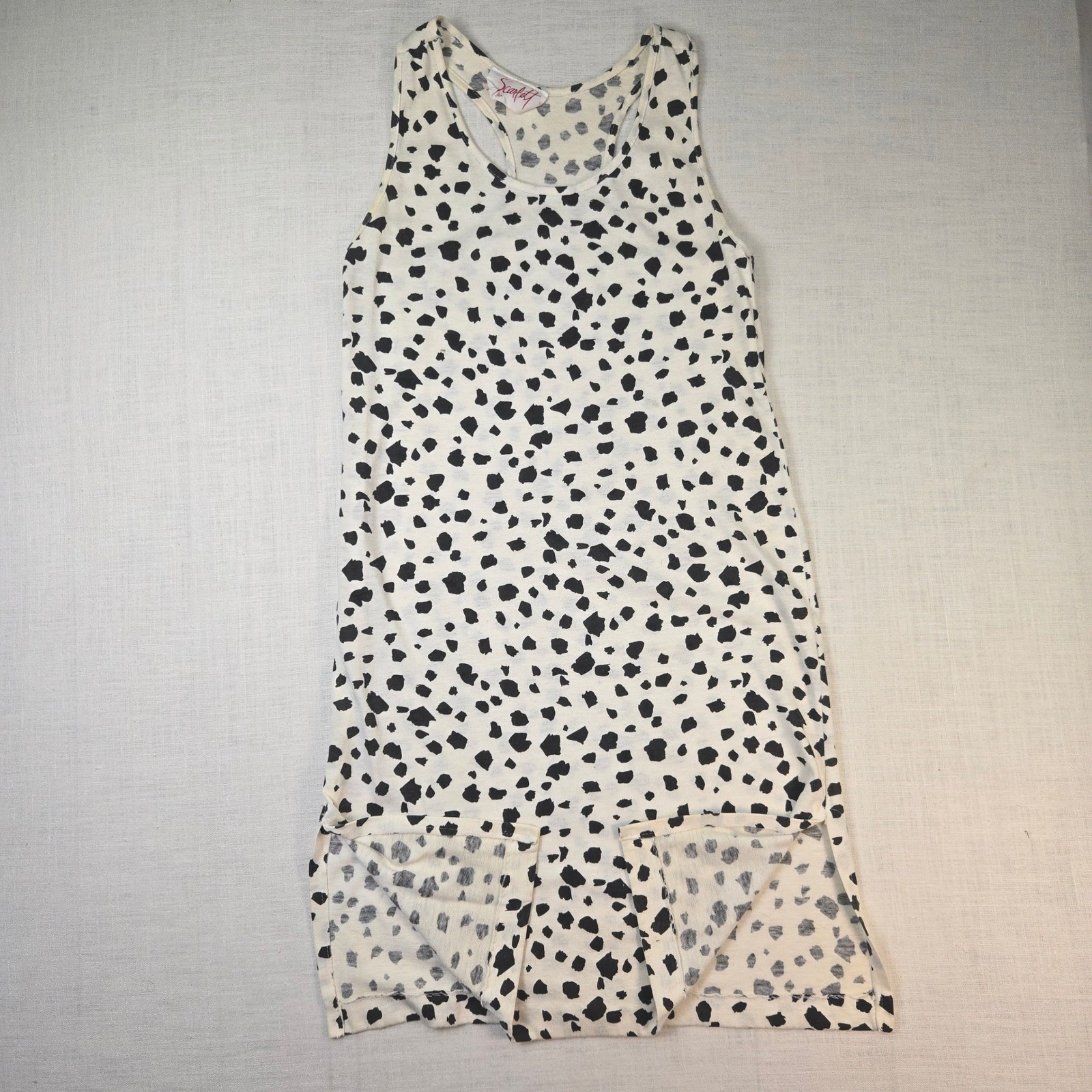VTG Scarlett Dalmatian Print Dress 7 Womens White Black Sleeveless Side Slit USA