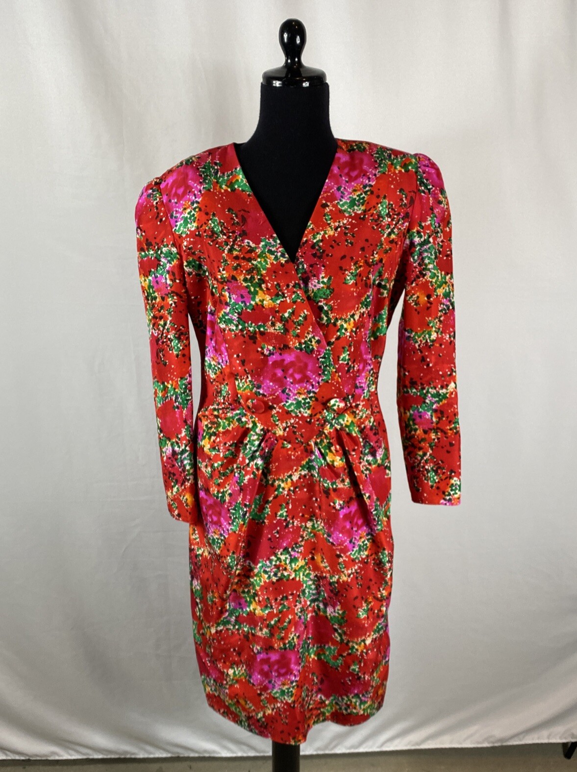 Raul Blanco Vintage 100% Silk Red,Green,Pink Print Dress Size 10