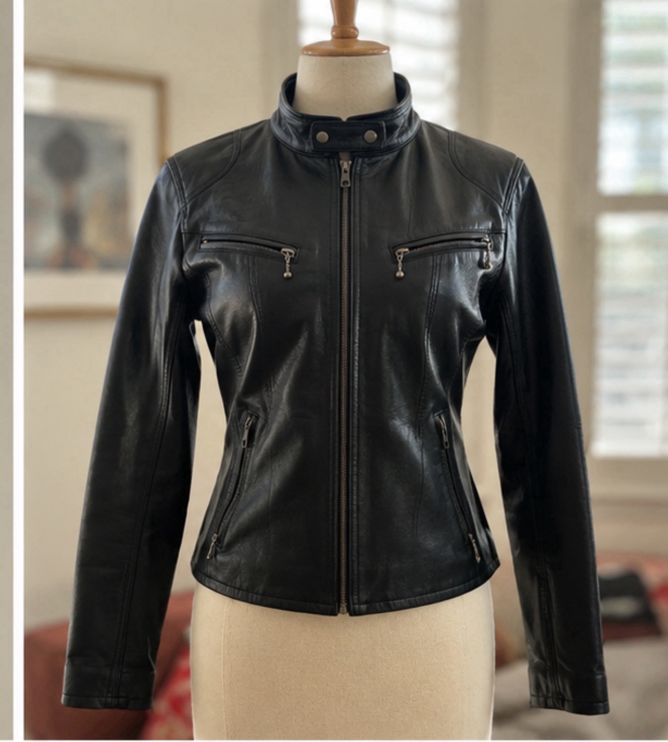 Vintage Y2K Genuine Leather Moto Jacket Lady Rider Rose Patch TV Wardrobe