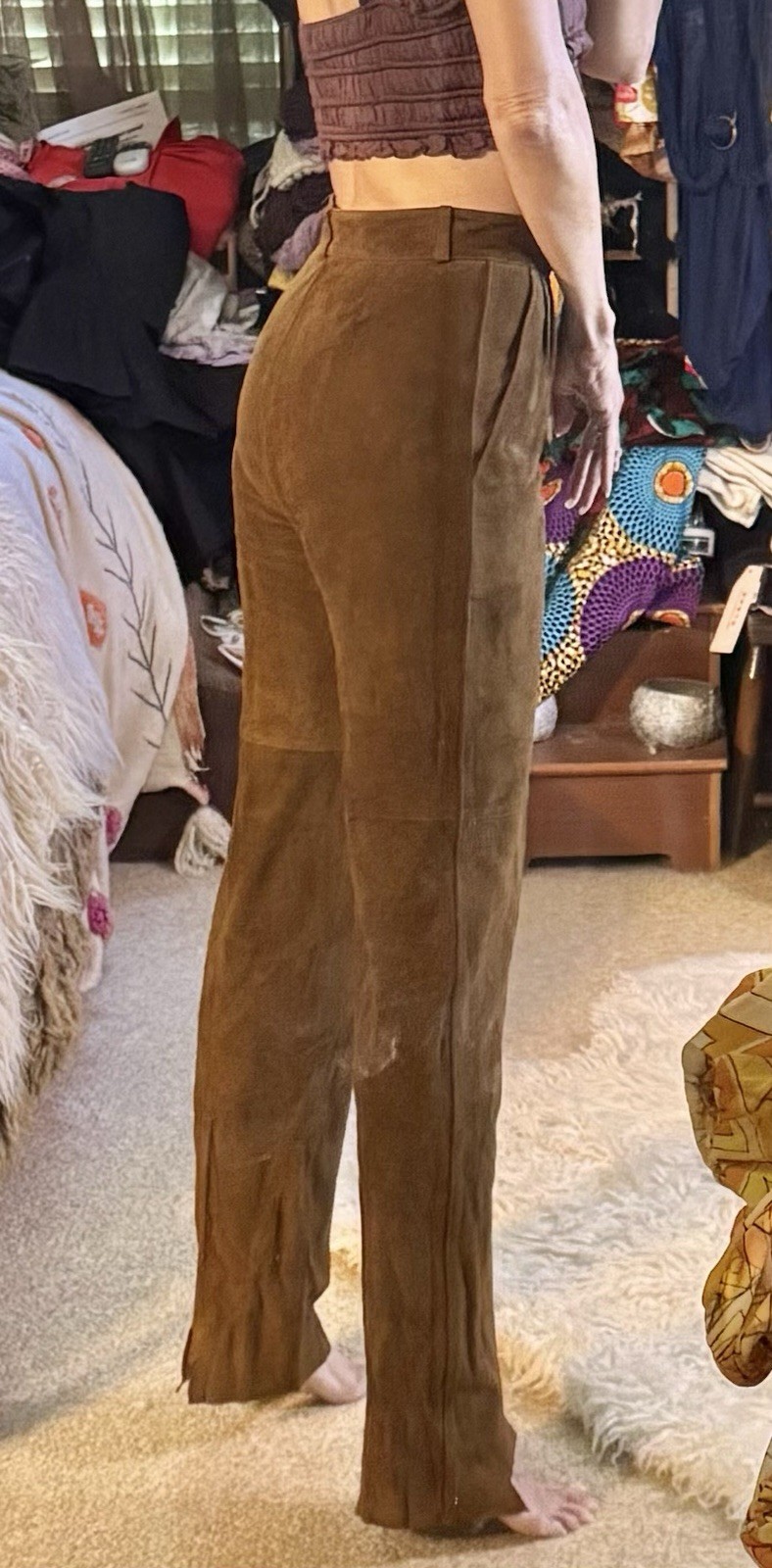 Vtg Jenny France Suede Pants Trousers Pockets Piping Brown Leather XS Tags