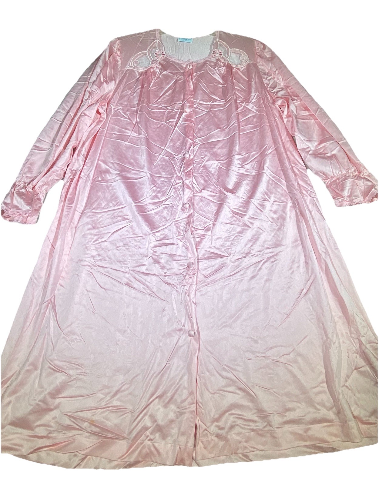 Vintage Lorraine Ice Pink Nylon Housecoat Lace Trim Covered Buttons Size Large