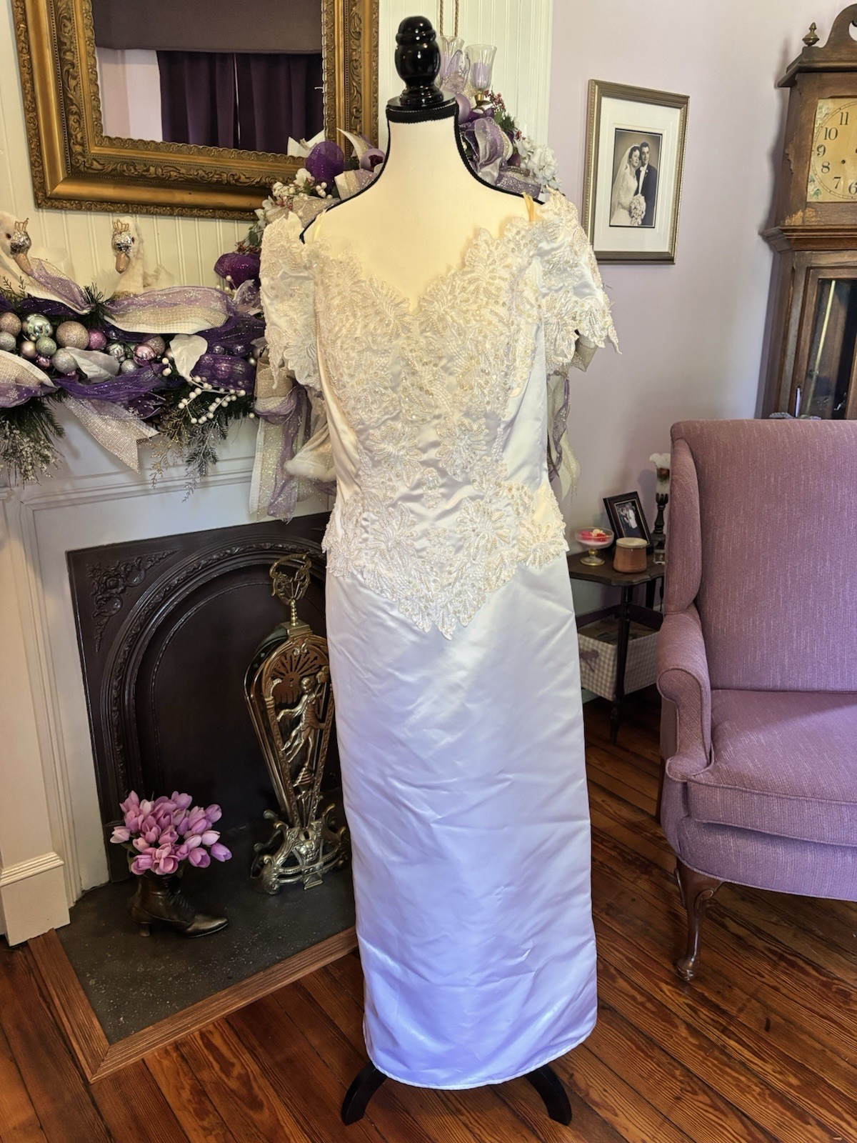 Unbranded Vintage 90s White Alencon Lace Satin Off Shoulder Wedding Dress sz 16