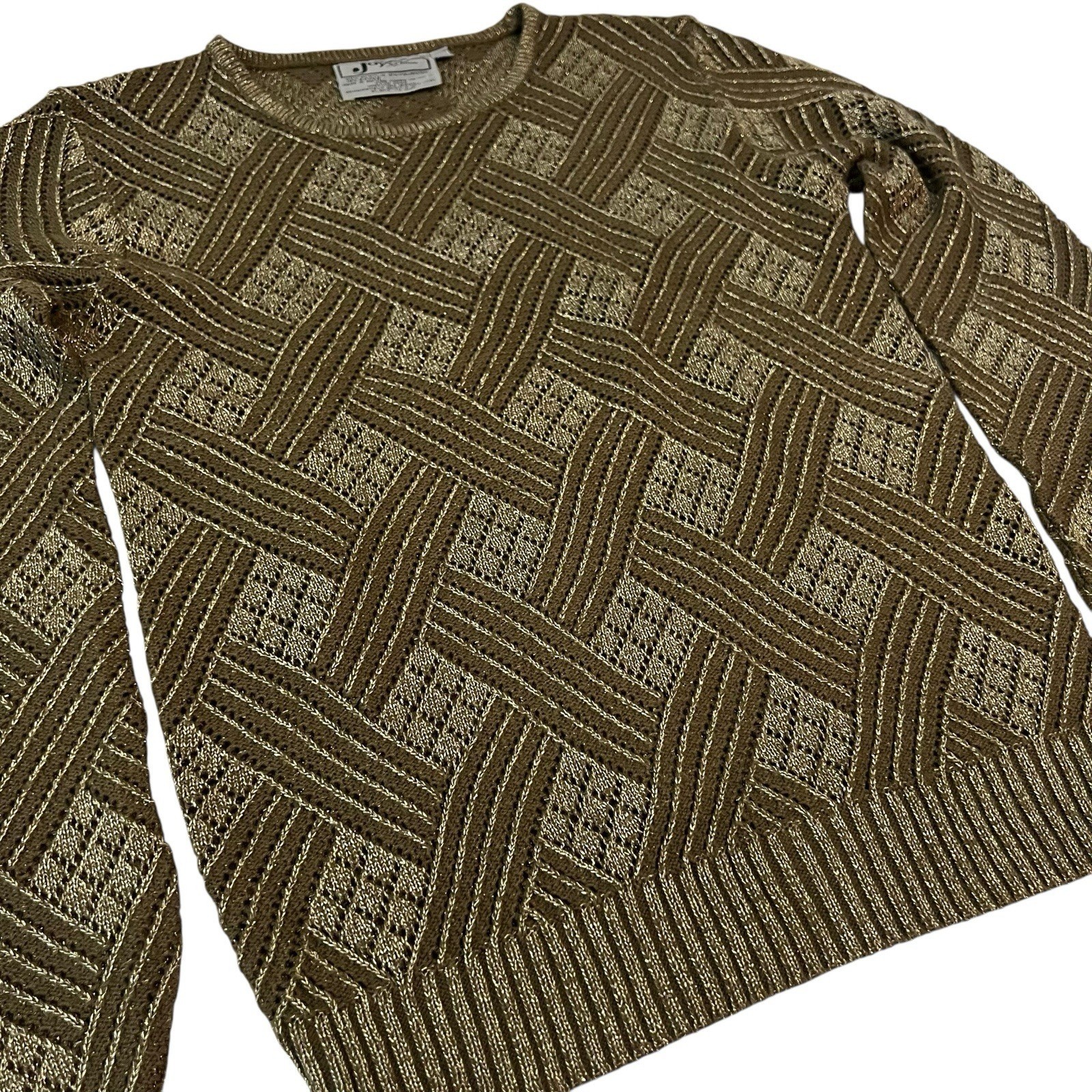 VTG Joyce Sportswear Gold Tinsel Knit Sweater Hong Kong Woven Metallic Geometric