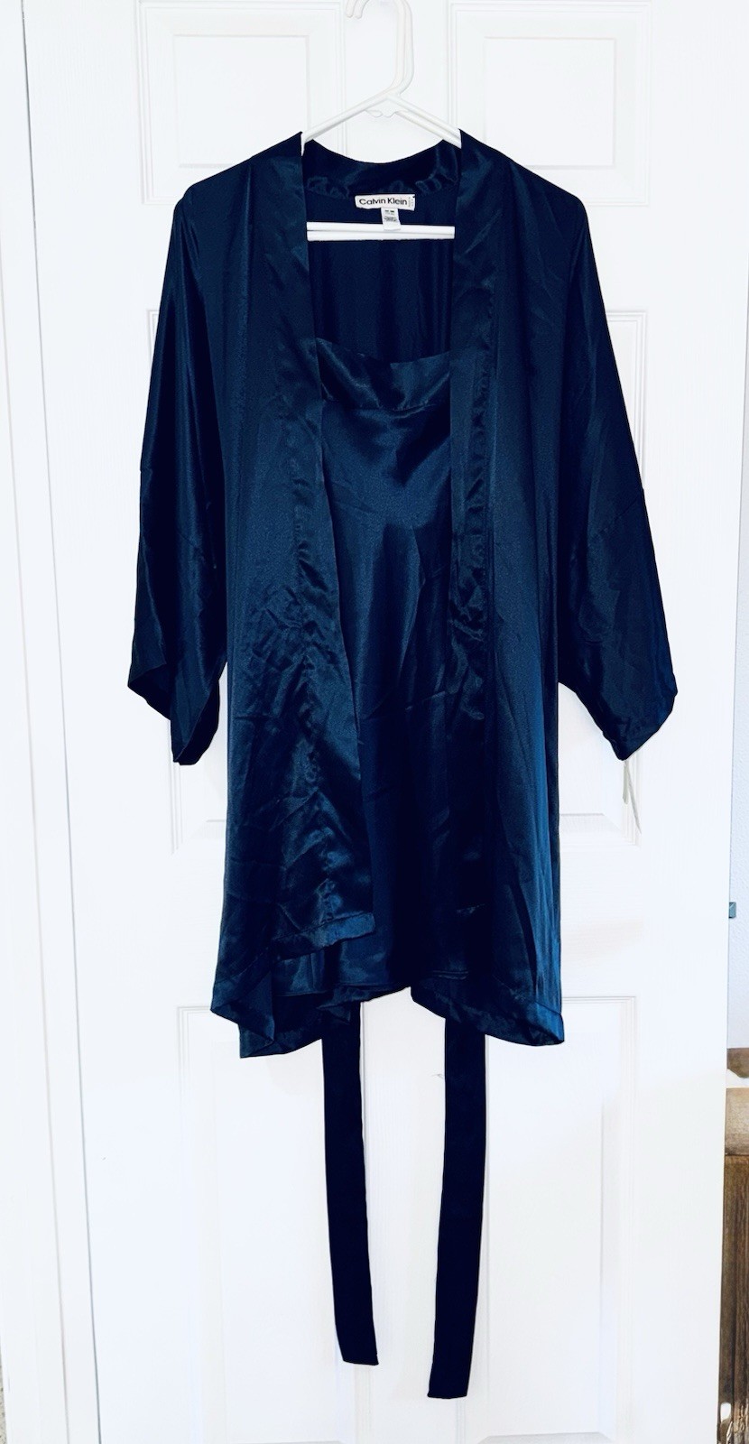 VTG 1989 Calvin Klein Satin Peignoir Set NWT Navy Robe/Nightgown OS/L Deadstock