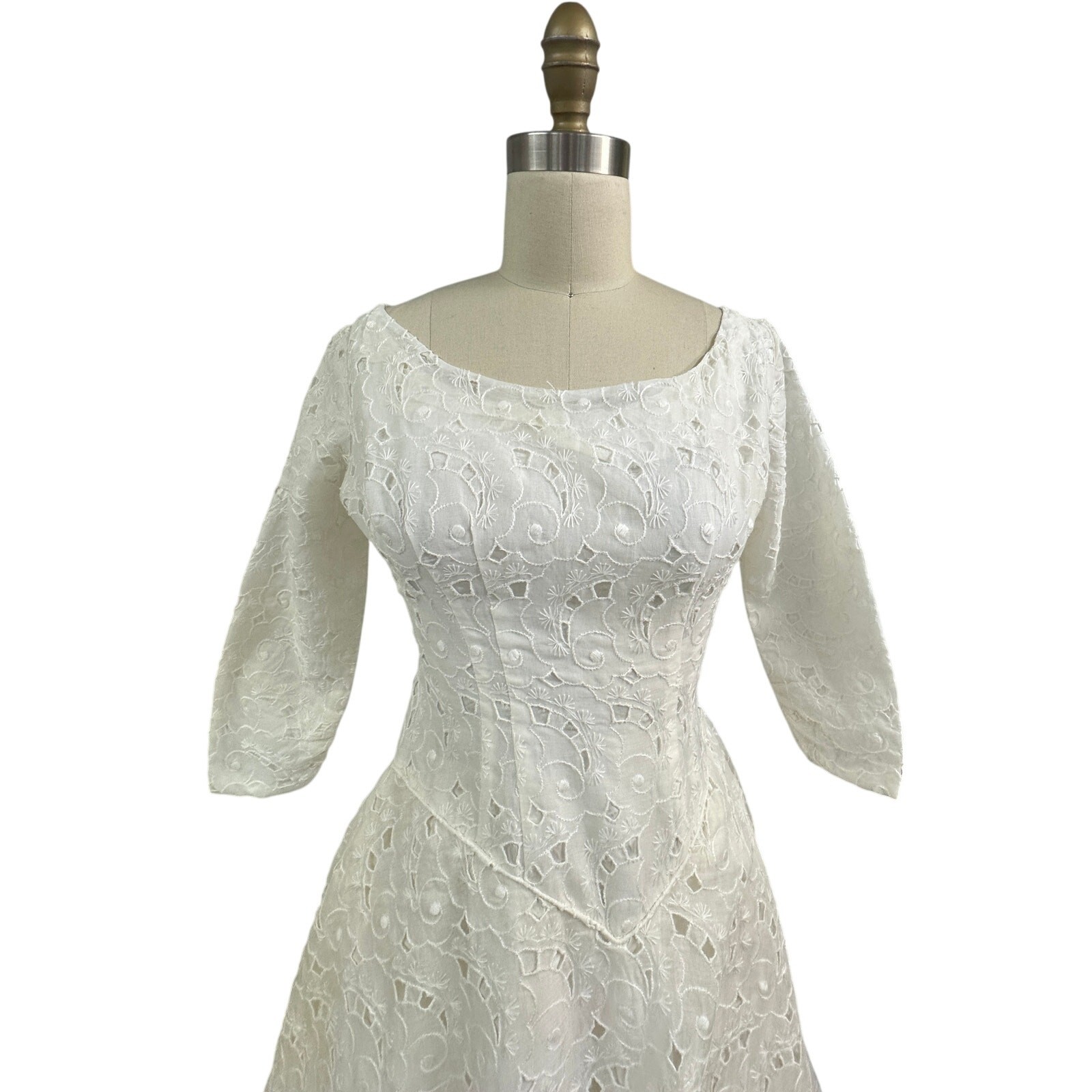 Vintage 1950s Creamy White Organdy Fit & Flare Dress Wedding Gown XS S