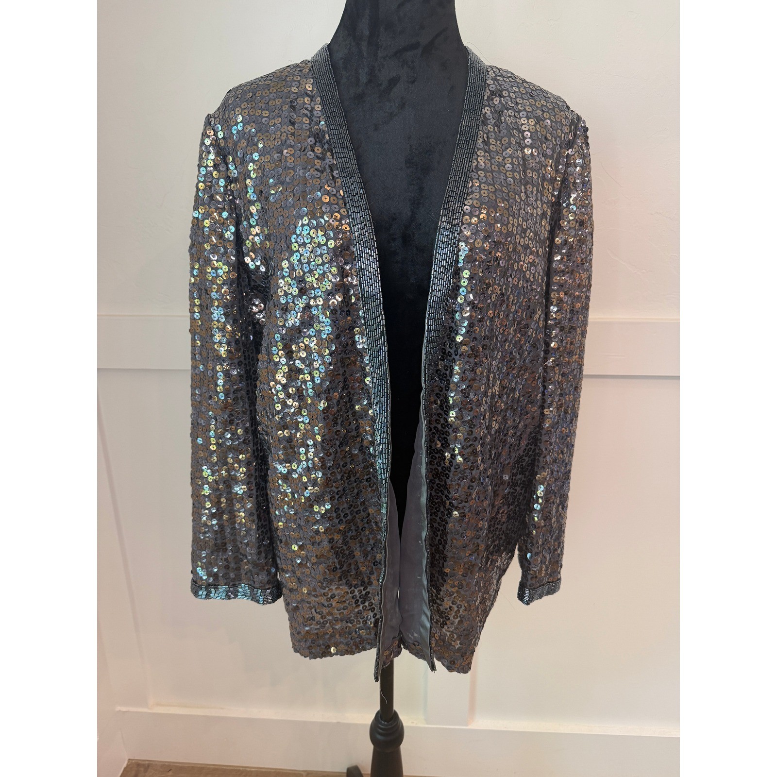 Jill Richards Vintage Sequin Blazer Jacket Gunmetal Grey Beaded Open Front 14