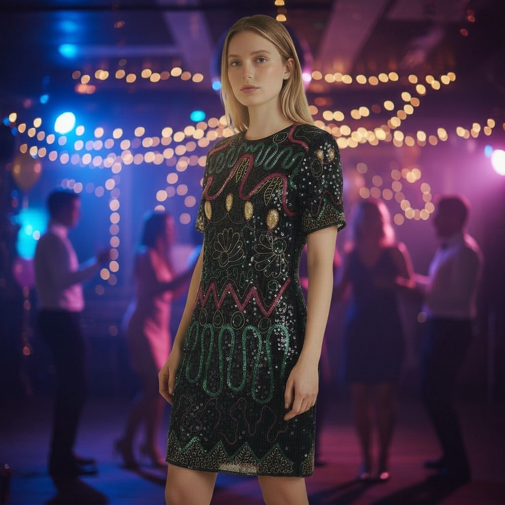 Vintage Sequin Beaded Dress Medium Silk Black 80s Backless Cocktail Party