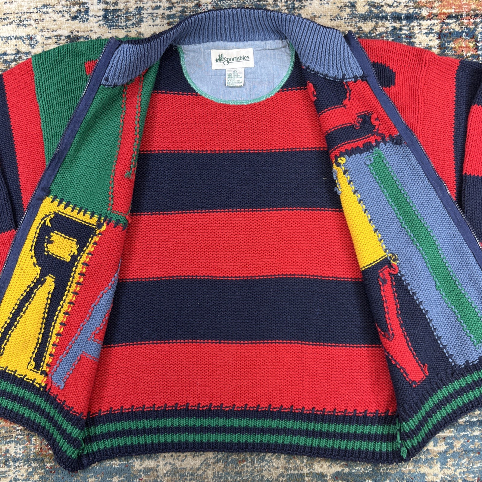 Vtg 90 Sportables “VARSITY” Colorblock Sweater Full Zip Womens Sz L Ramie Blend