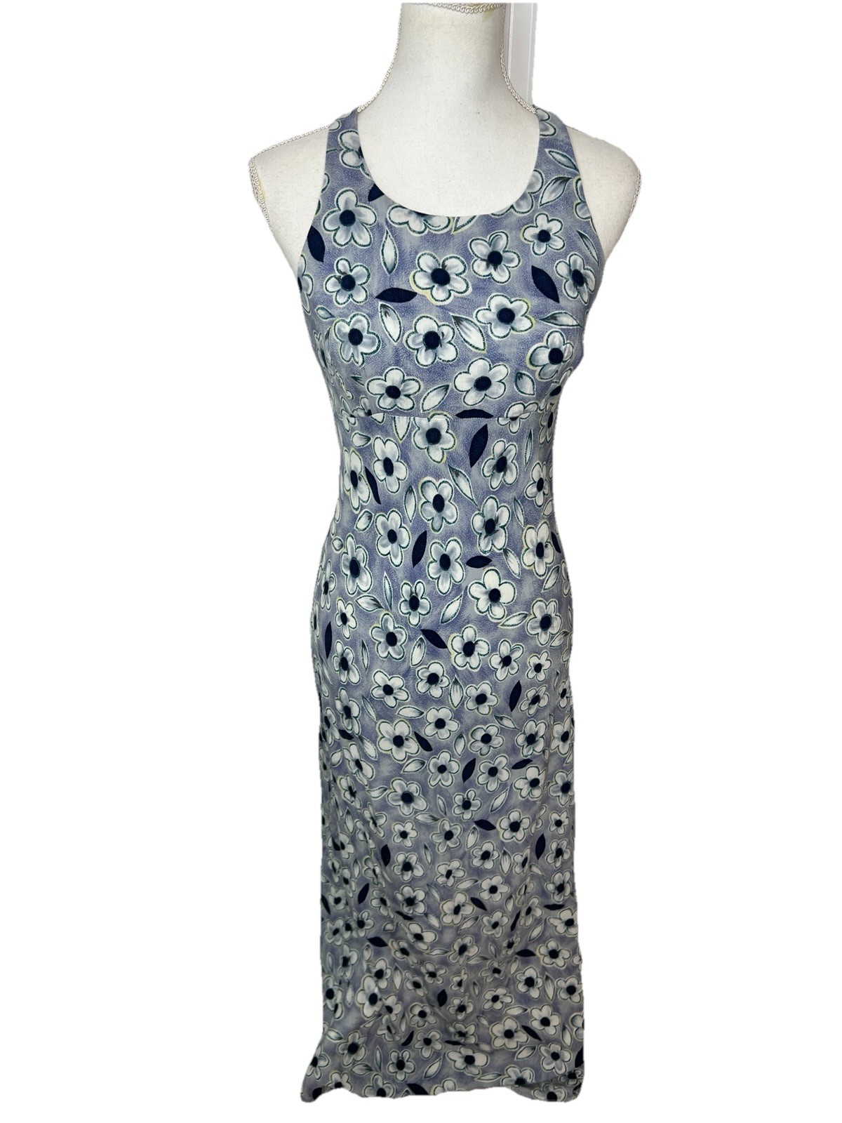 VTG 90’s Y2K R-Wear Rampage Maxi Dress Open Back Blue Floral Hippie Retro 11