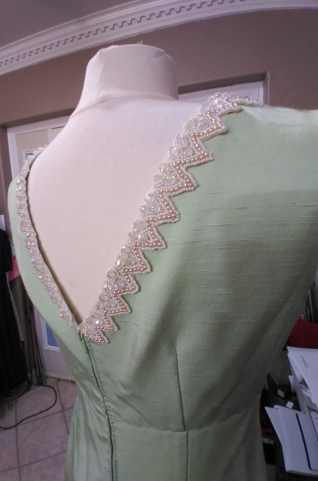Vintage Dress SILK SHANTUNG BEADED Long Spring Green Mid Century Neckline MCM