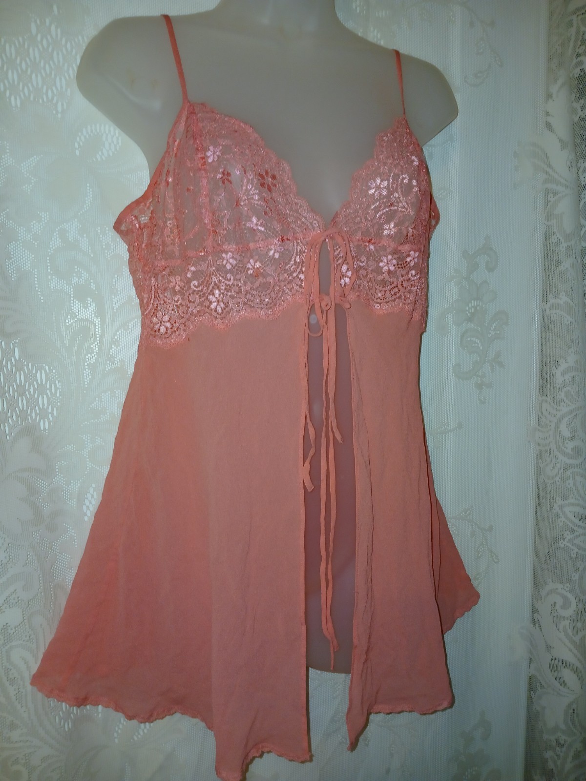 Vintage 90s Victorias Secret SILK Pink Chiffon Sheer Lace Babydoll Nighty L