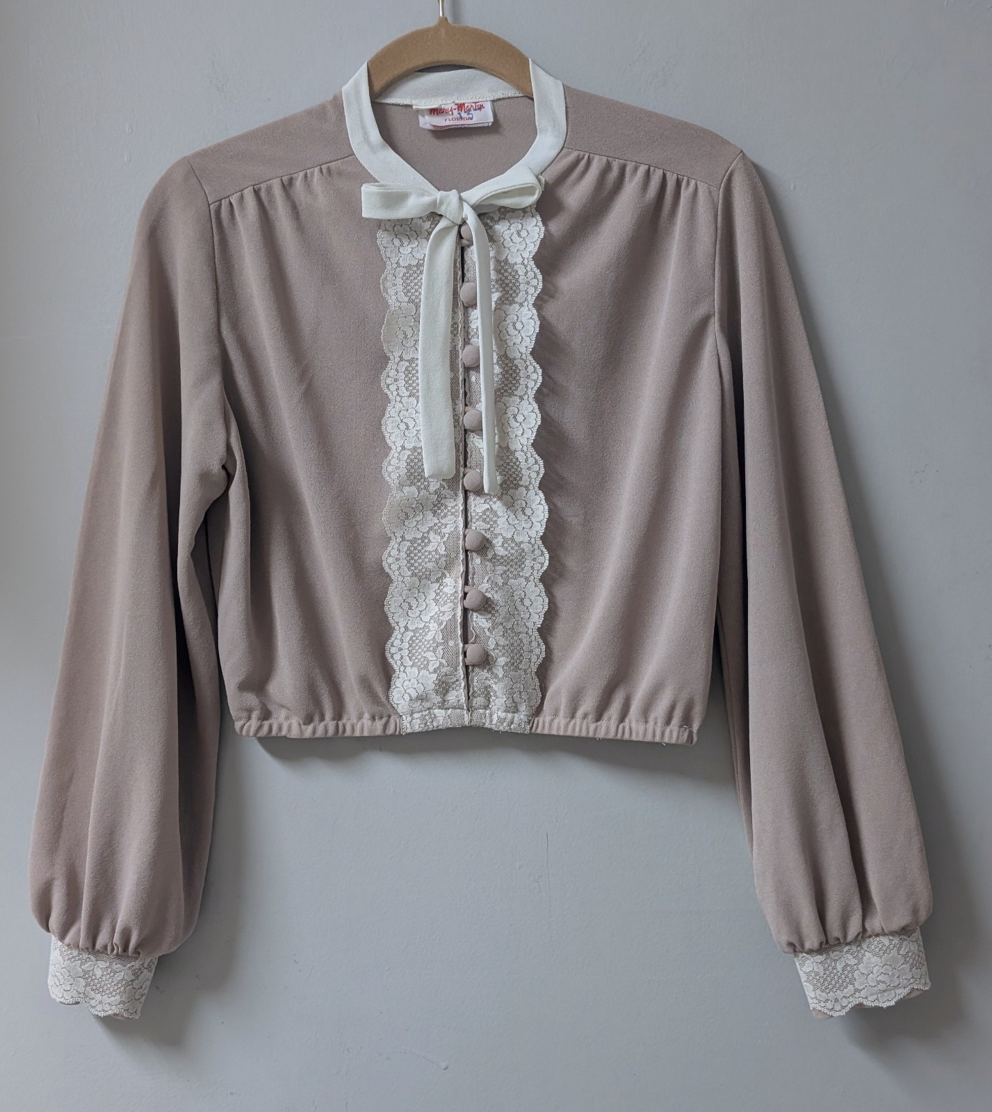 Vintage 70’s Boho Taupe Cropped Blouse Cream Lace Loop Button Tie Mary Martin S