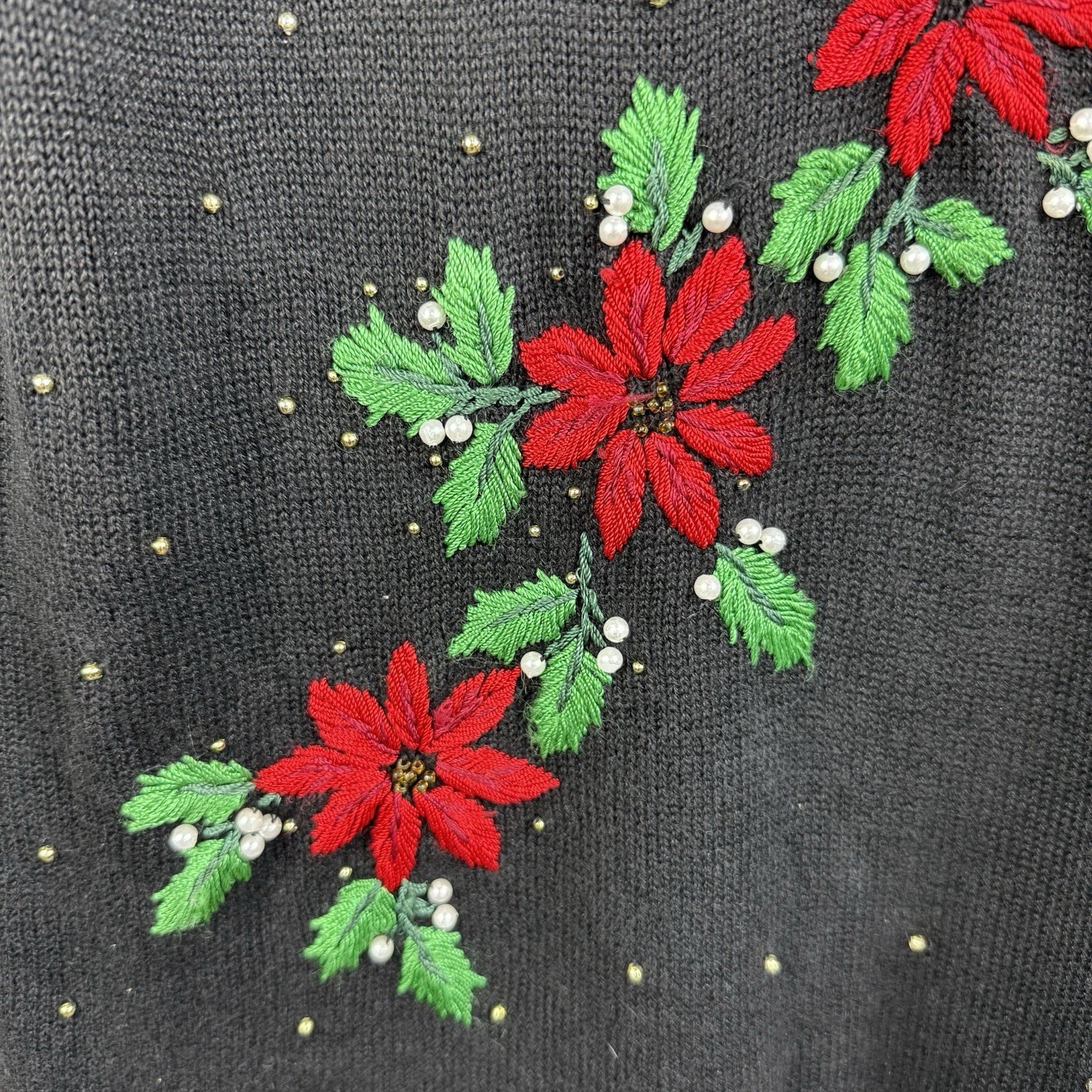 Vintage 90s Beaded Black Embroidered Poinsettia Sweater Large Holiday Christmas