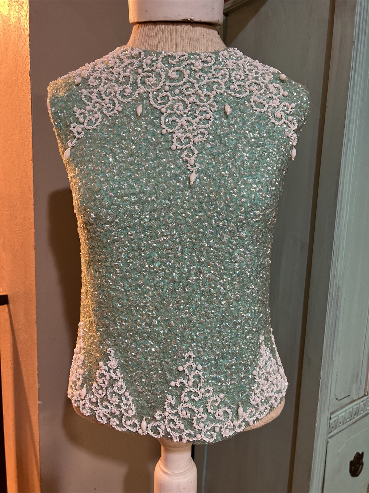 Vintage House of Gold Wool Heavily Blue Beaded Sequin Shirt Lined Zip Size 36