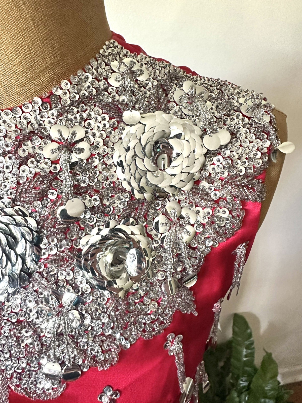 Stunning 1950’s Chinese Red Pencil Dress With Silver Embellishments, XS/S