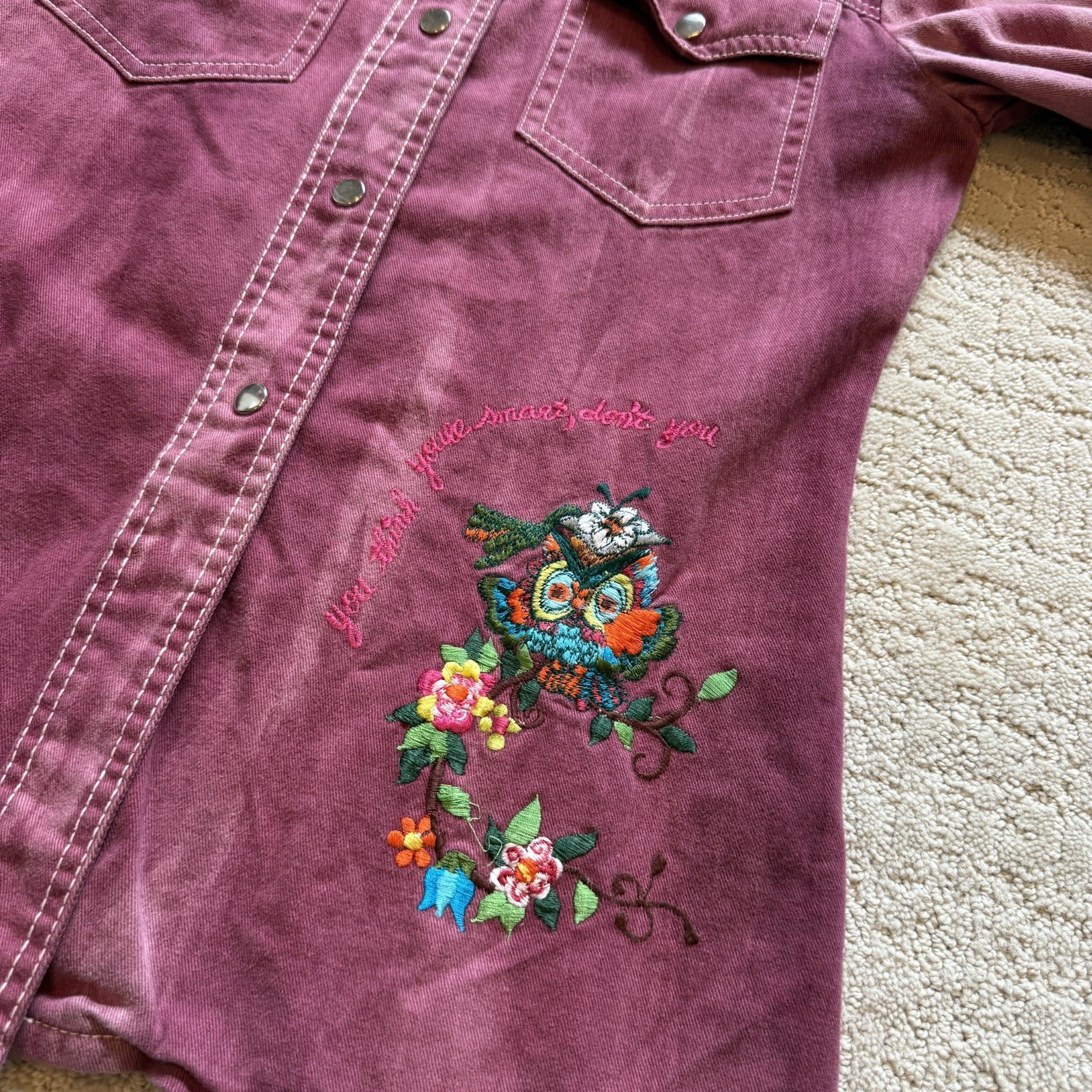 VTG 70s It’s Rich Embroidered Owl Snap Button Shirt Size Small Made In Hong Kong