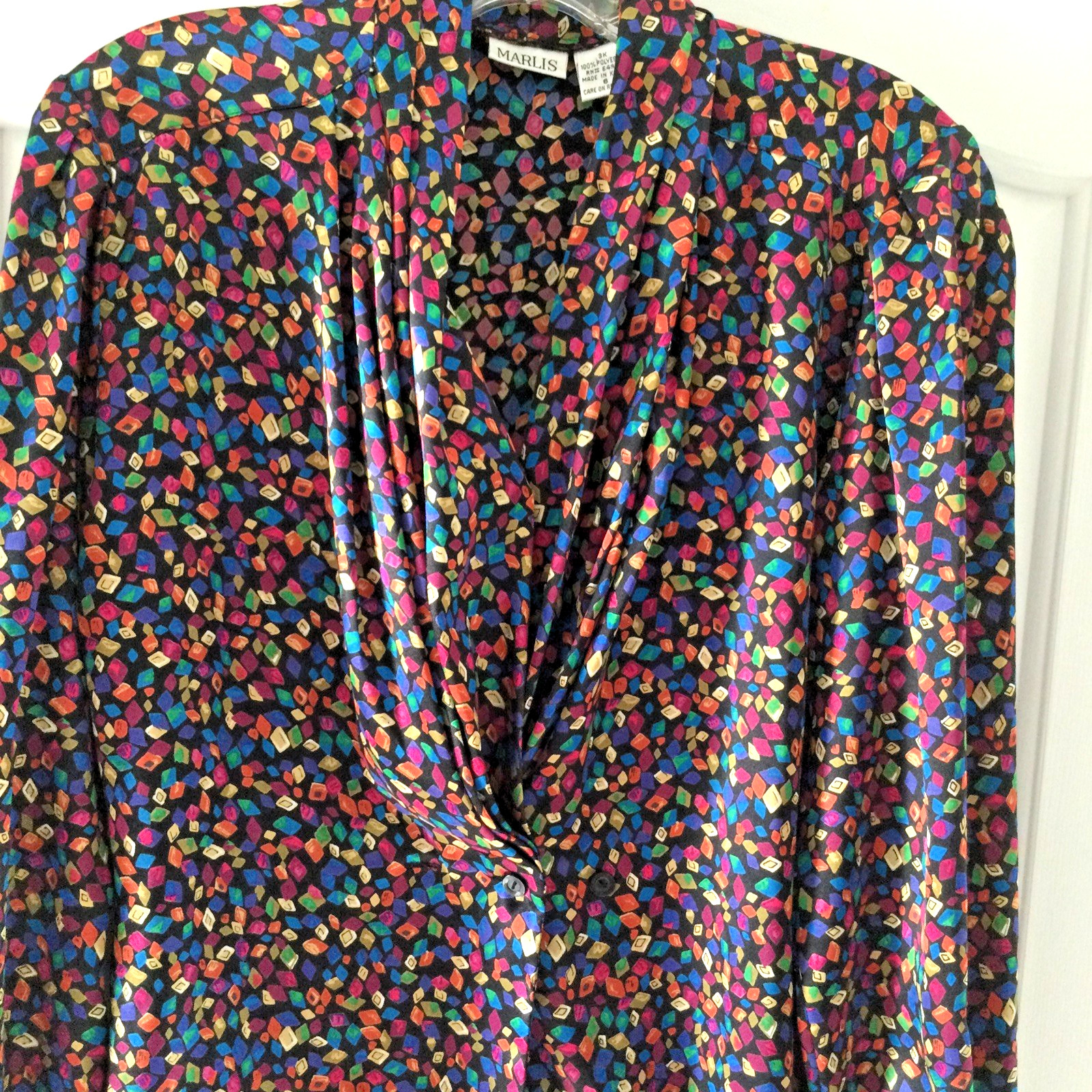 Vtg Marlis Blouse Colorful Confetti Print Draped Cowl Neck Retro Artsy Career 6