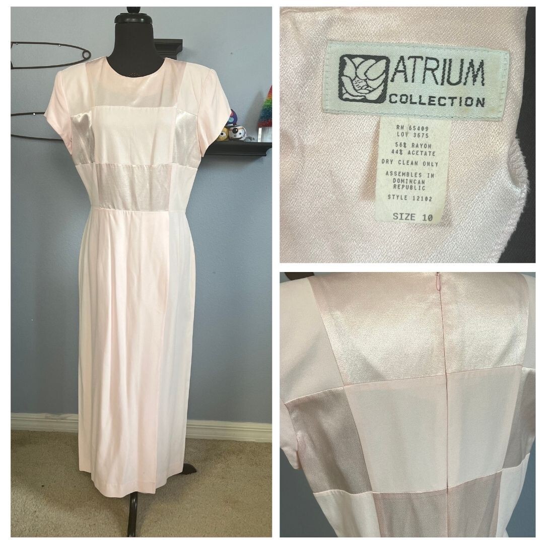 Vtg 80 90s ATRIUM Light Pink Satin and Crepe Rayon Acetate Dress Size 10 M/L