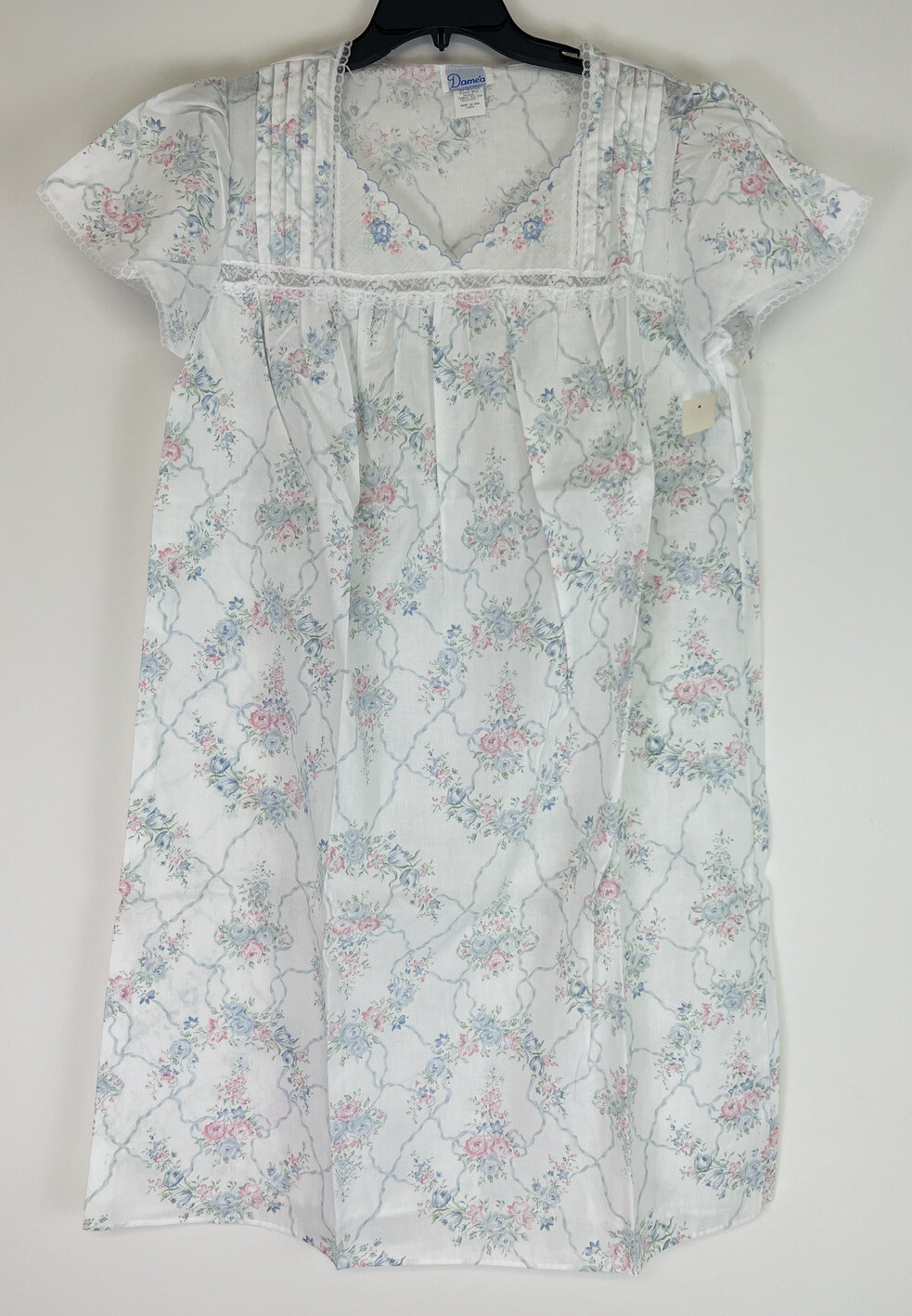 Vintage Damea Blue Pink Floral Ribbon Nightgown Size L Short Sleeve Cottage Core