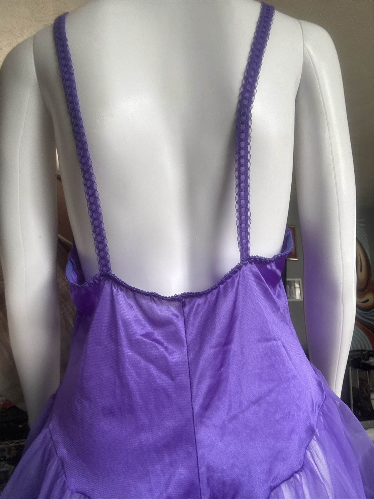 VTG Lingerie 80s 90s Medium Purple Nylon Unbranded Lace and Mesh Babydoll 32″