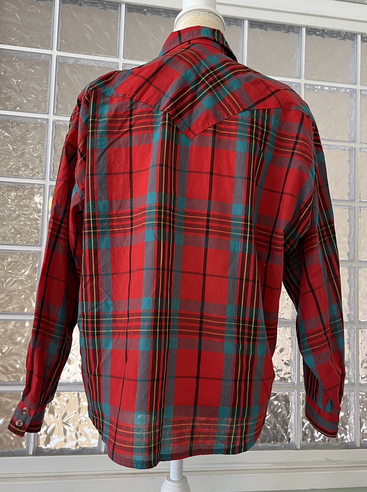 CIRCLE T by Marilyn Lenox Vtg Red Turquoise Plaid Western Button Down Shirt 9-10