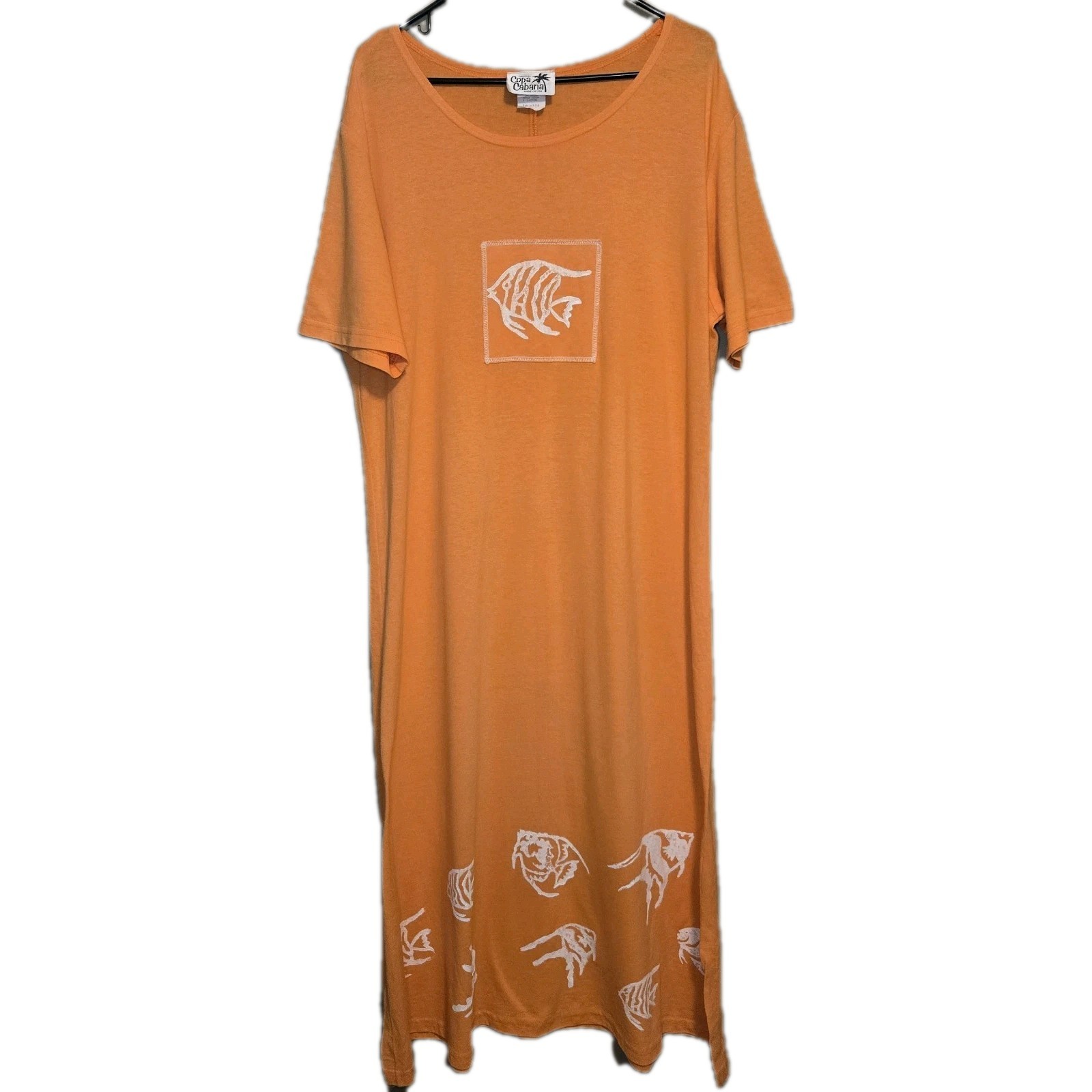 Vintage 90s Copa Cabana Orange Maxi Dress Made in USA Hand Painted Fish Size XL