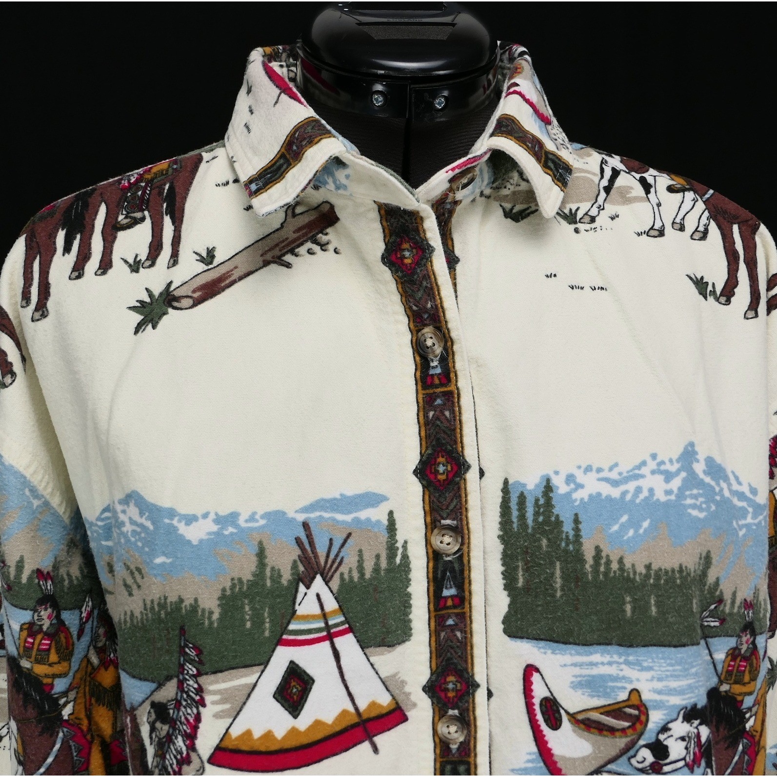 VTG Woolrich Womens L Flannel Shirt Native American Scene USA Made Clean RARE