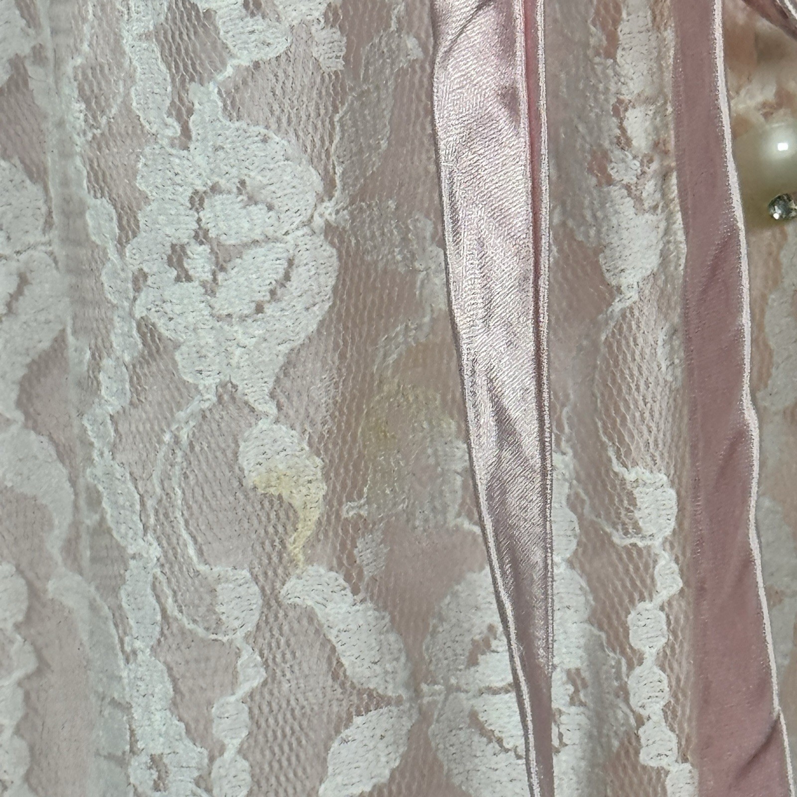 Vintage Pink Lace Maxi Robe Sheer Overlay Pockets Tie Waist Romantic M READ