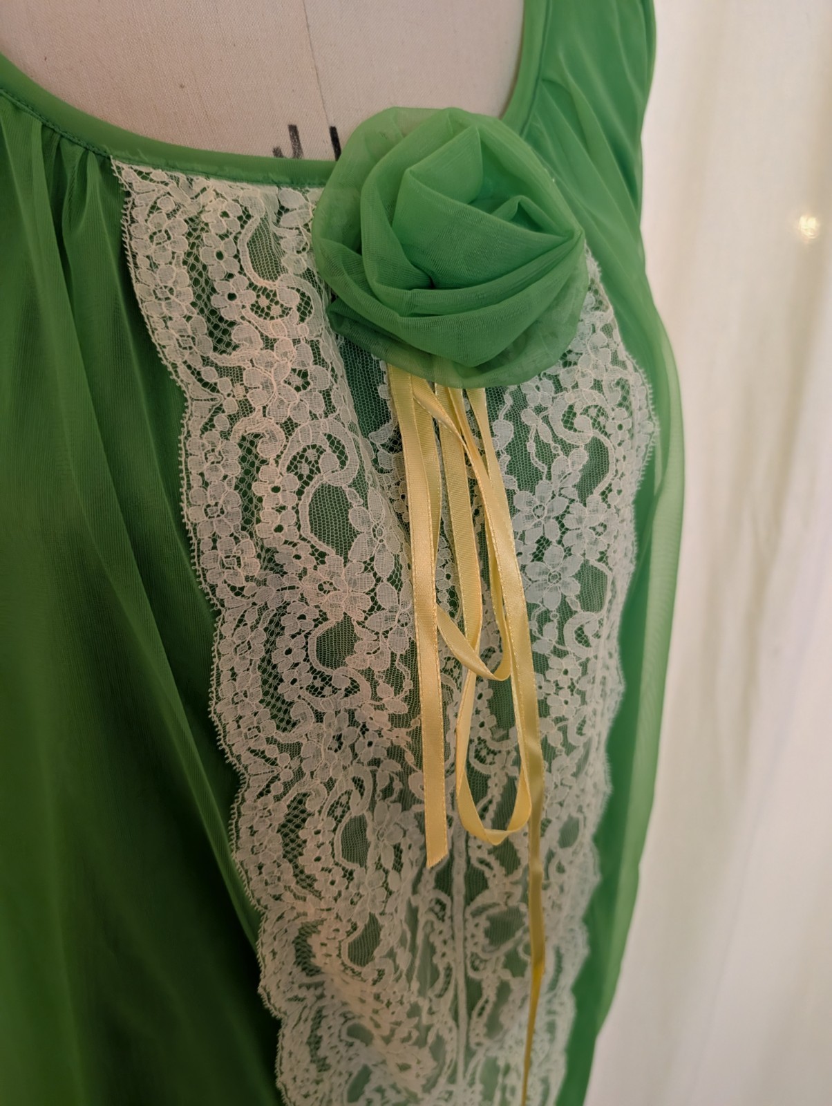 Vintage 1960s Lime Green Nightgown Size XL Full Length Maxi Lace Rosette Sheath