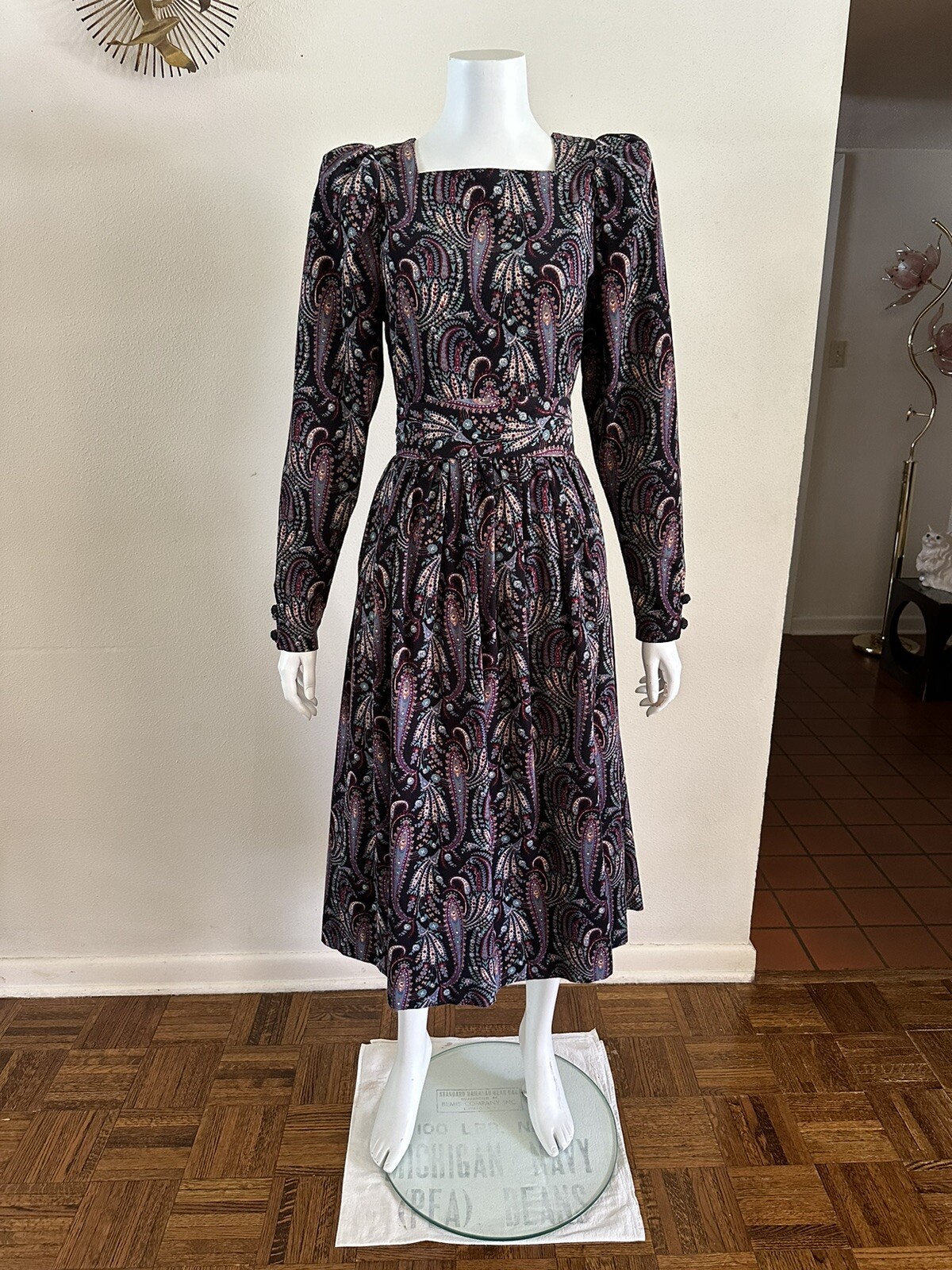 1980s Laura Ashley Paisley Floral Corduroy Dress Puff Sleeve Party Prairie VTG