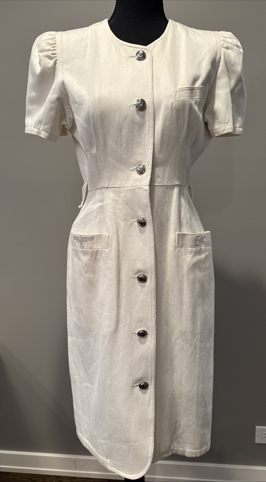 Vintage White Denim Button Front Midi Dress Puff Sleeve Rhinestone GK Crest