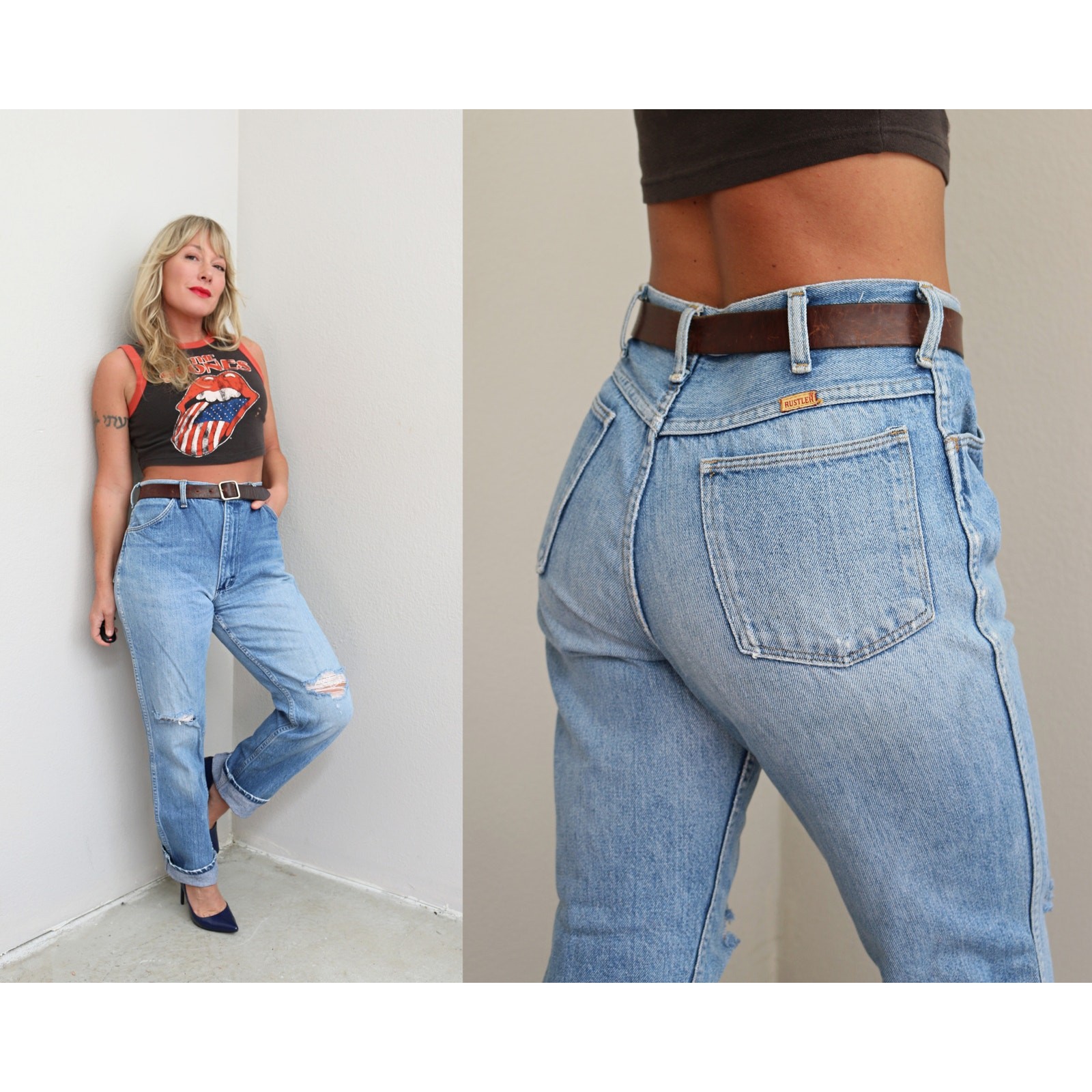 1980’s Vintage USA Made Rustler Distressed Jeans ~ Women’s SM MD 30″ 31″ Waist