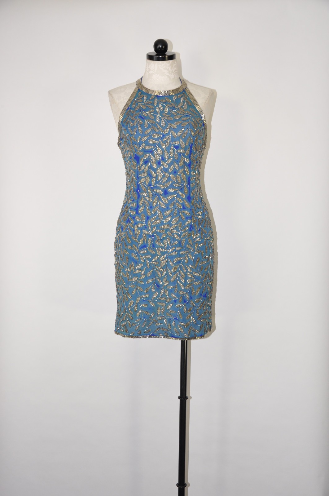 80s Vintage Blue Silk Silver Beaded Jeweled Leaves Backless Halter Mini Dress S