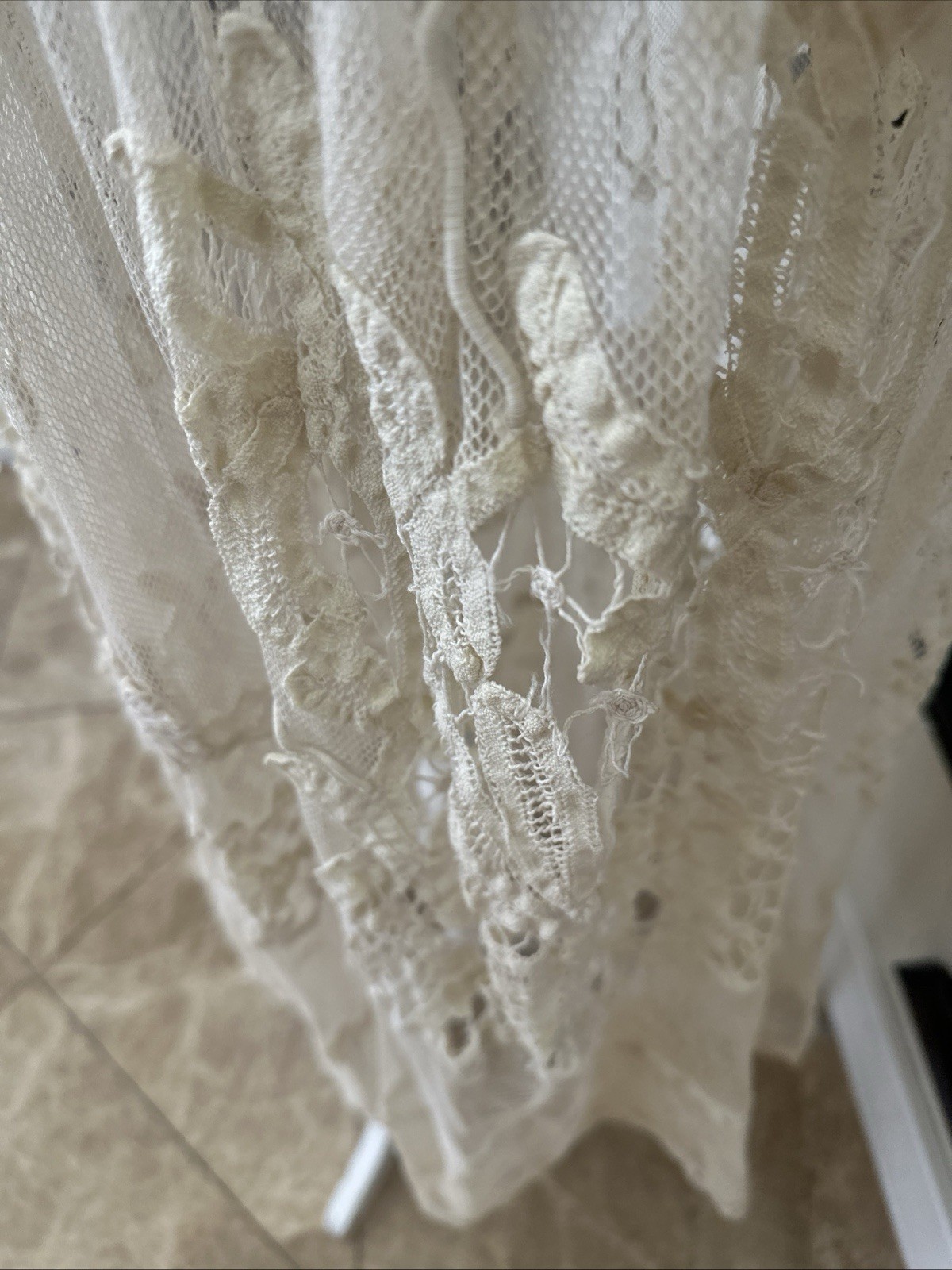 Early 1900s Ivory Hand Embroidered Crocheted Net Lace Drop Waist Dress Small