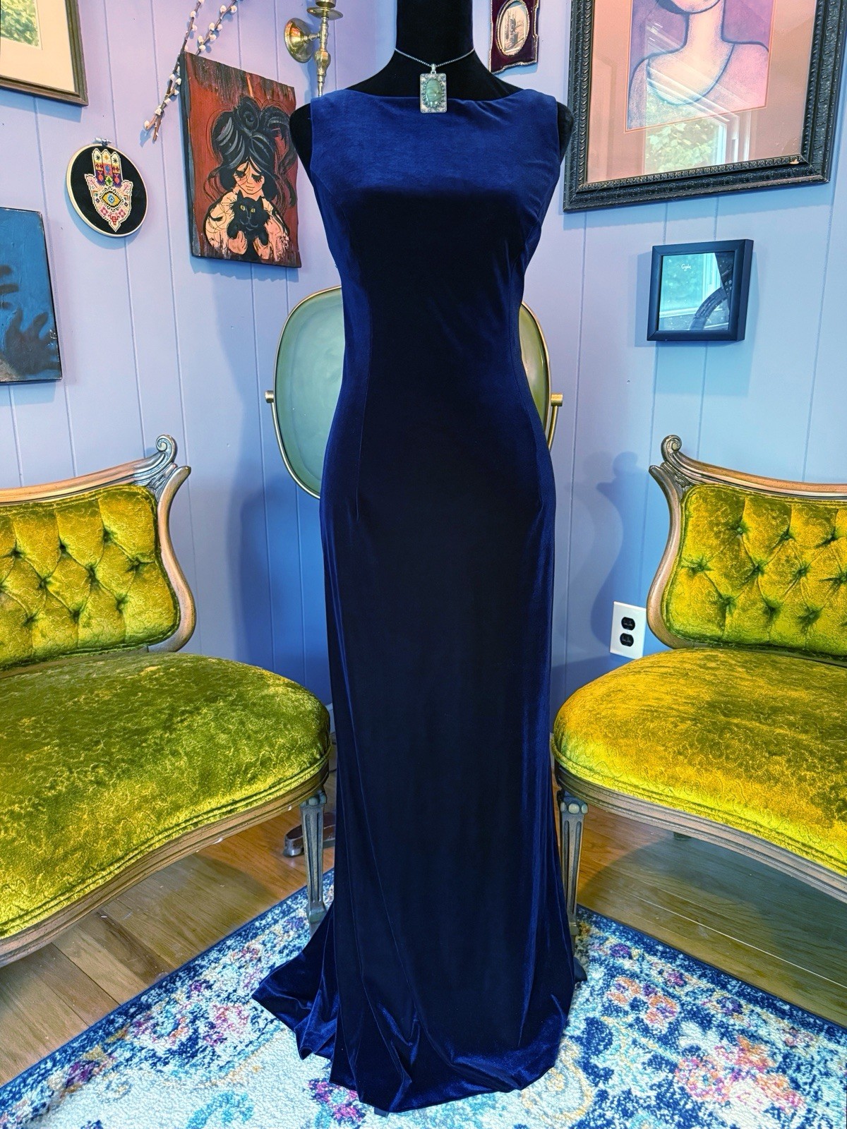 Vintage 90s Rhapsody Blue Velvet Backless Maxi Vampy Evening Dress Size 10