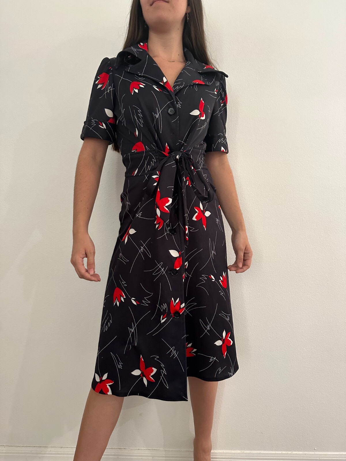 Vintage 70s Floral Black Red Midi Dress Women Sz Small Button Down Poly