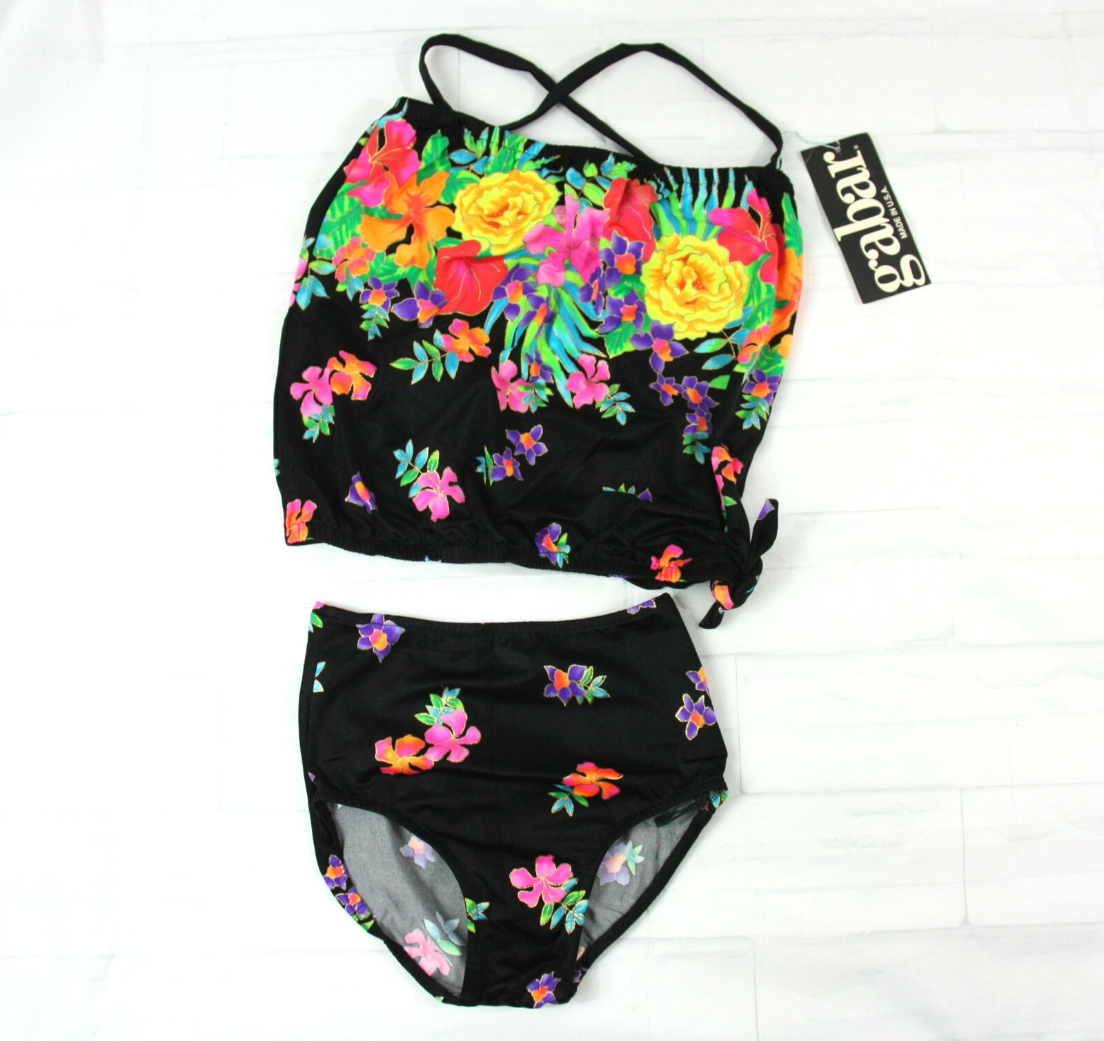 Vintage Deadstock Gabar Neon Floral Two Piece Tankini Swim Bathing Suit 8 NEW