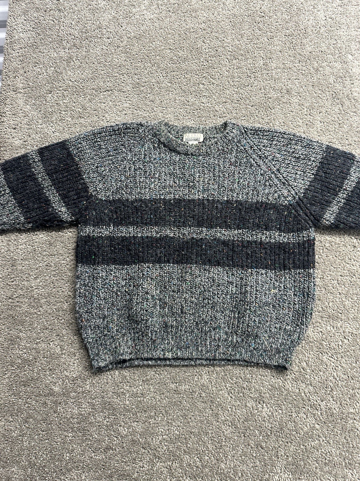 Vintage 80s Nuovo Industriale Womens Grey Multicolor Striped Crewneck Sweater M