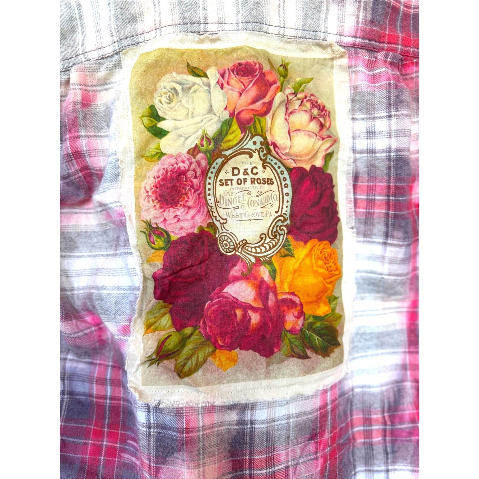 Upcycled Floral Flannel Shirt Small | Cottagecore Rose Patch Soft Plaid