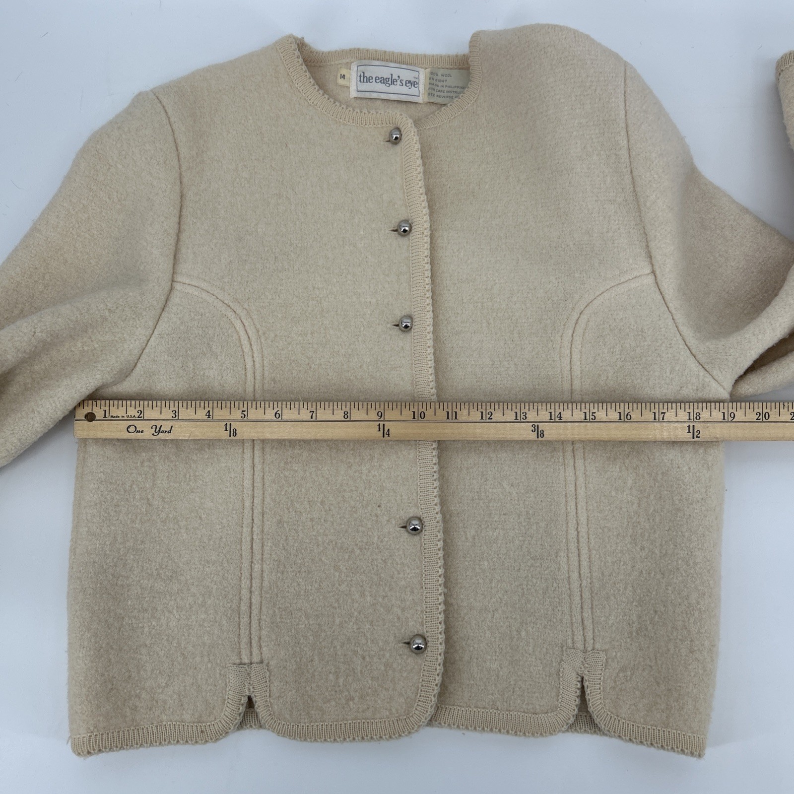 Vintage The Eagle’s Eye Boiled Wool Jacket Womens Size 14 Cream Ivory 80s 90s