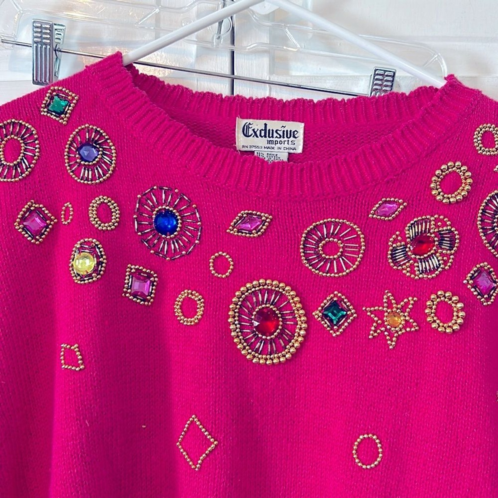 Vintage bright pink cotton/ramie sweater with beads and rhinestones – size L