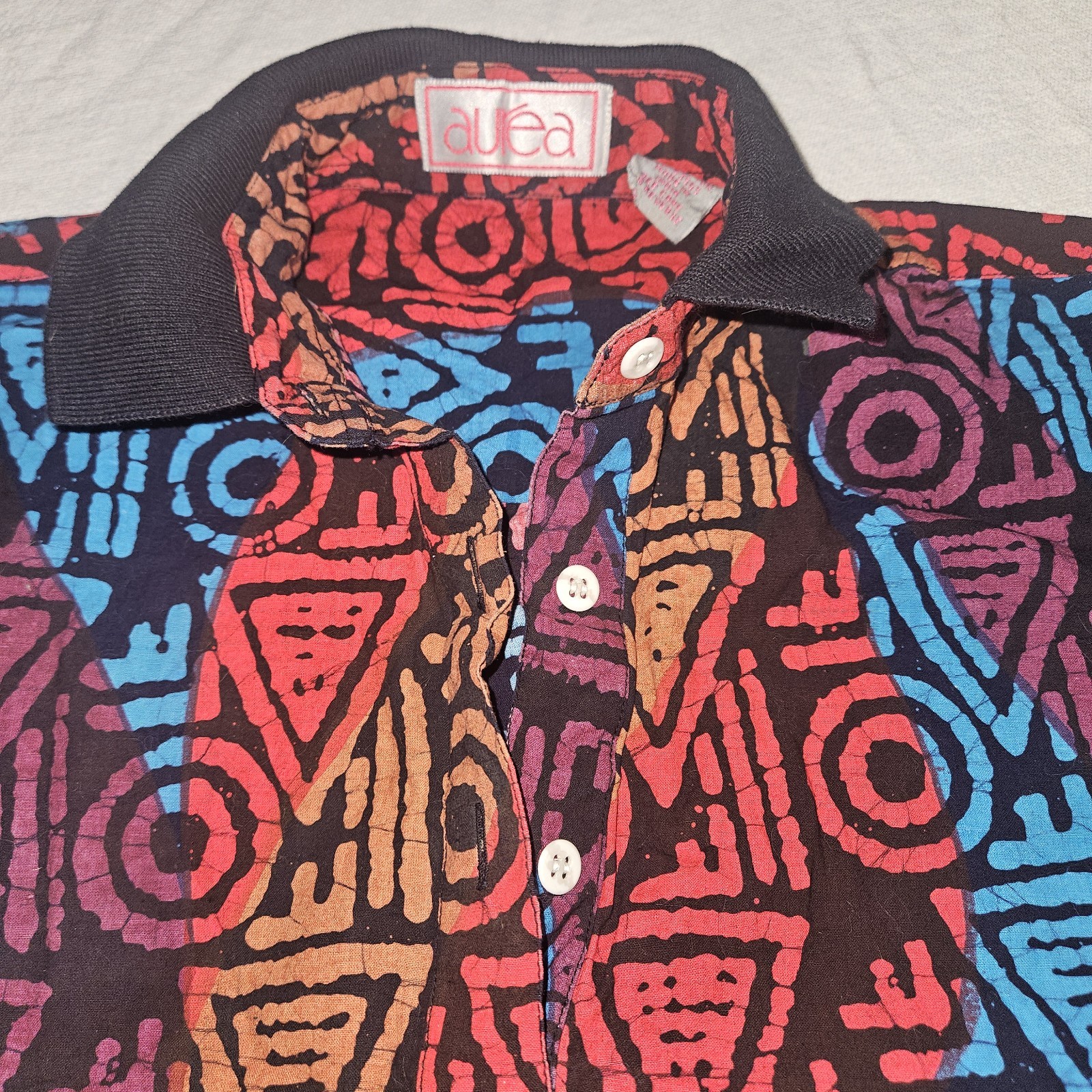 Vintage 80s 90s Geometric Blouse Polo New Wave Punk Medium Red Orange Blue Black
