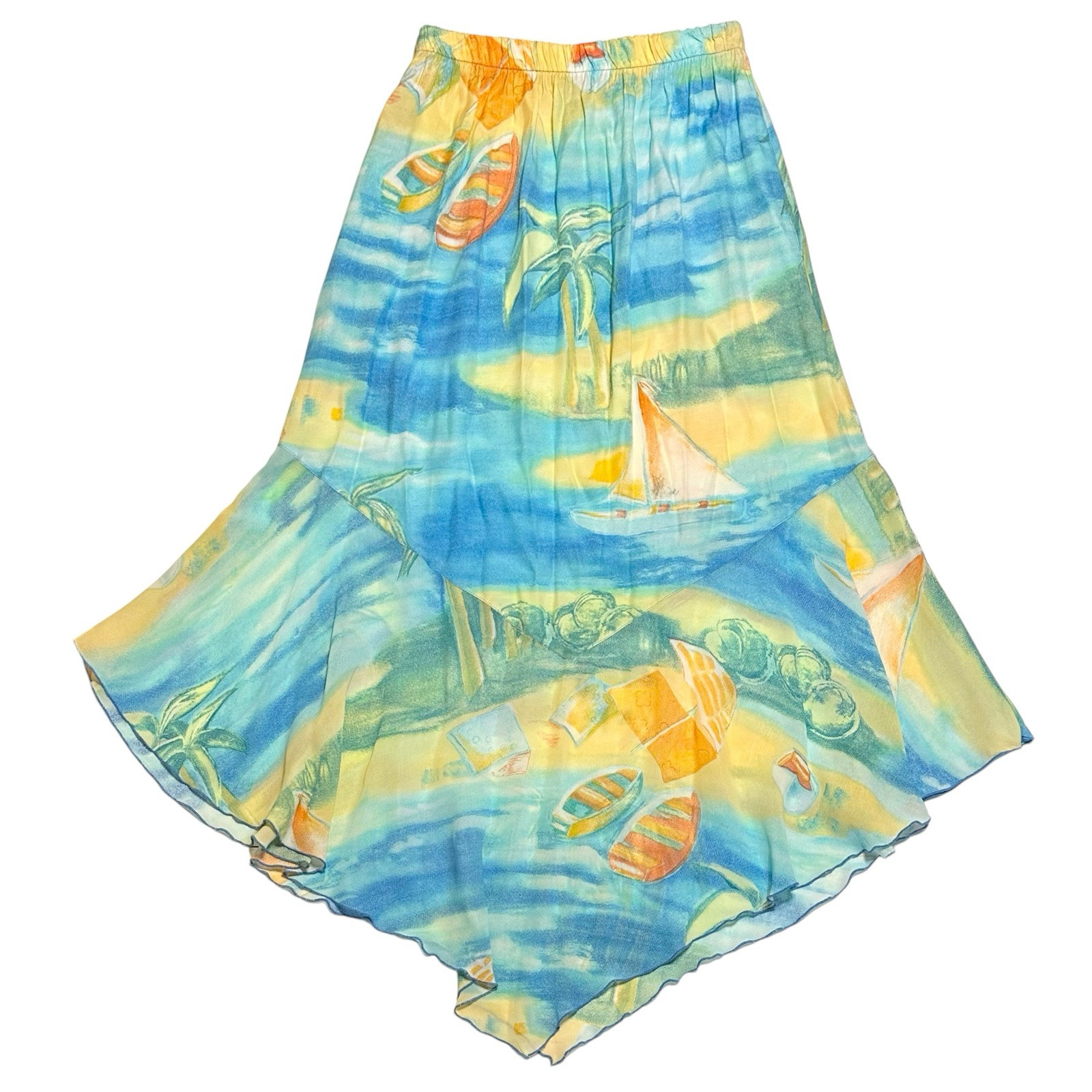 Vintage 90s Aloha Rayon Skirt Set Beach Scenic Print Outfit Cruise USA Size L