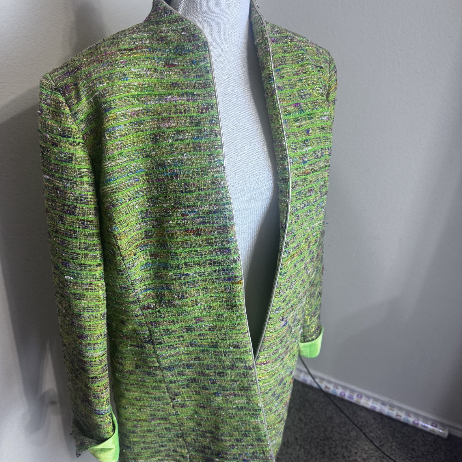 Vintage Nightlights Jacket Silk Blend Open Front Blazer metallic lime green 14