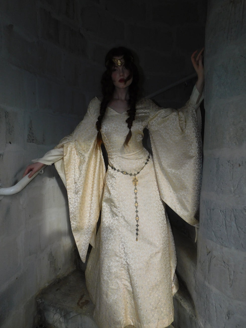 1930s Vintage Spanish Silk Gold Embroidered Medieval Brocade Gown