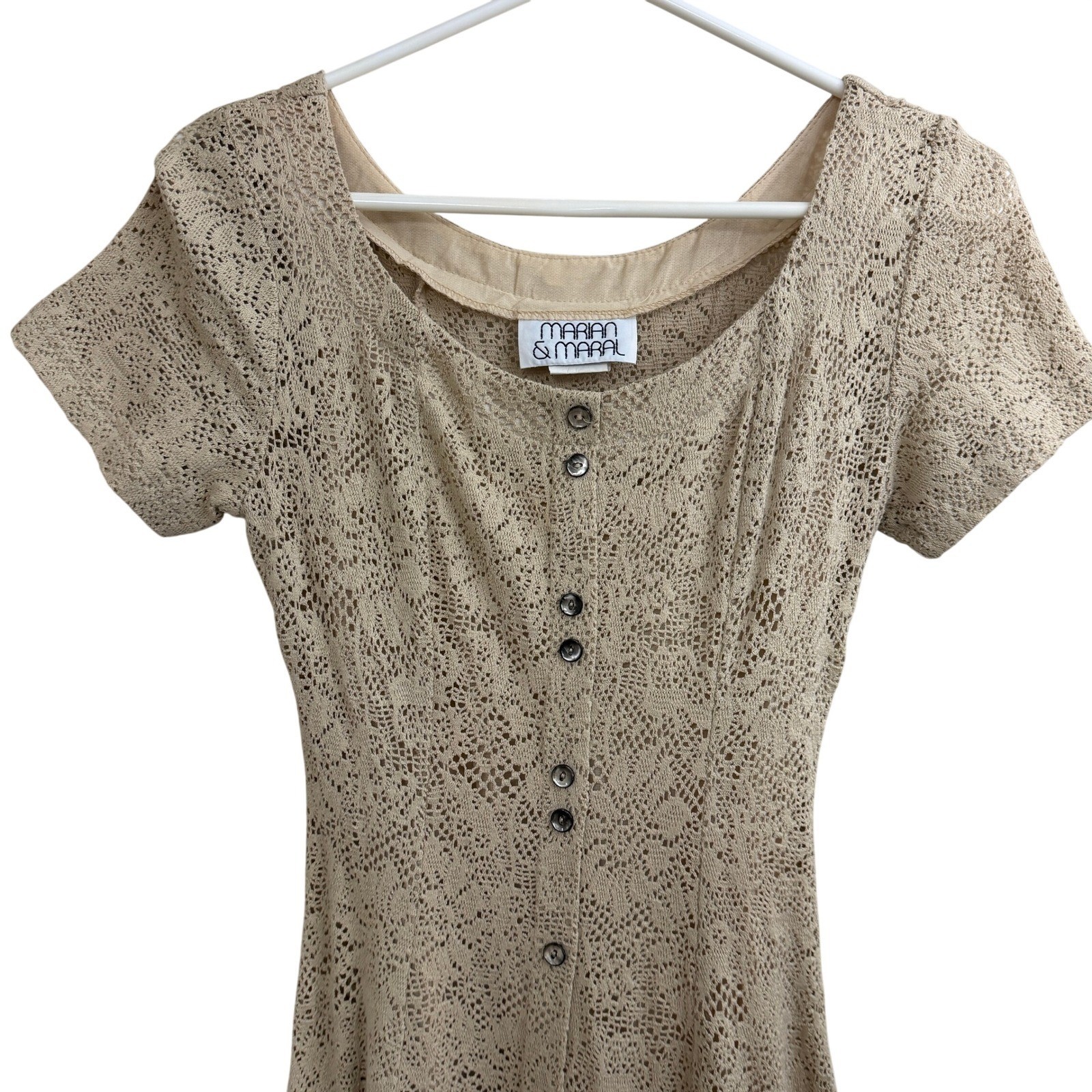 Vintage Crochet Dress Beige Button Front Fitted XXS XS 47″