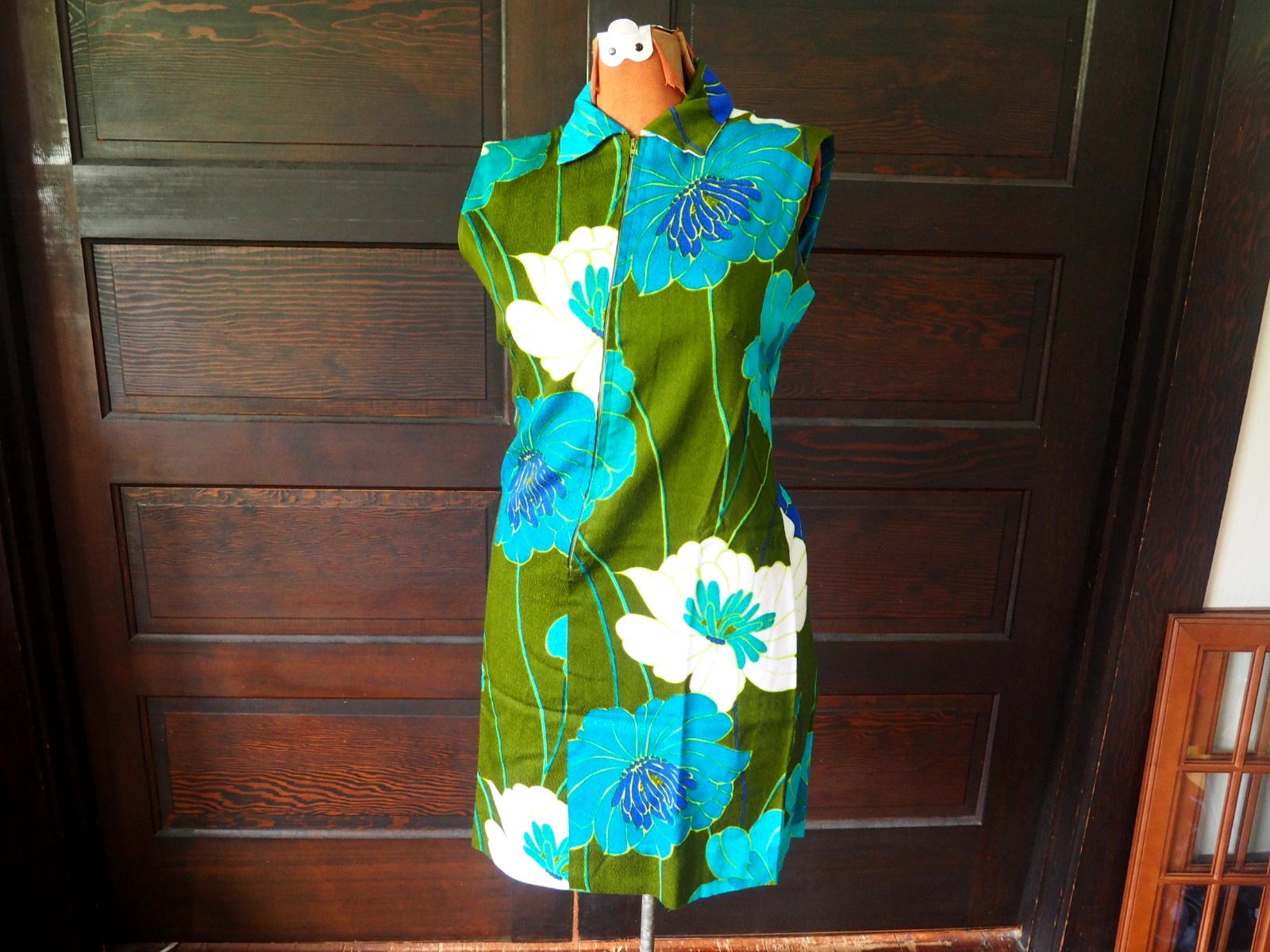 VTG 60s 70s Brown Blue Floral Boho Hippy Midi Retro Mod Dress Womens S