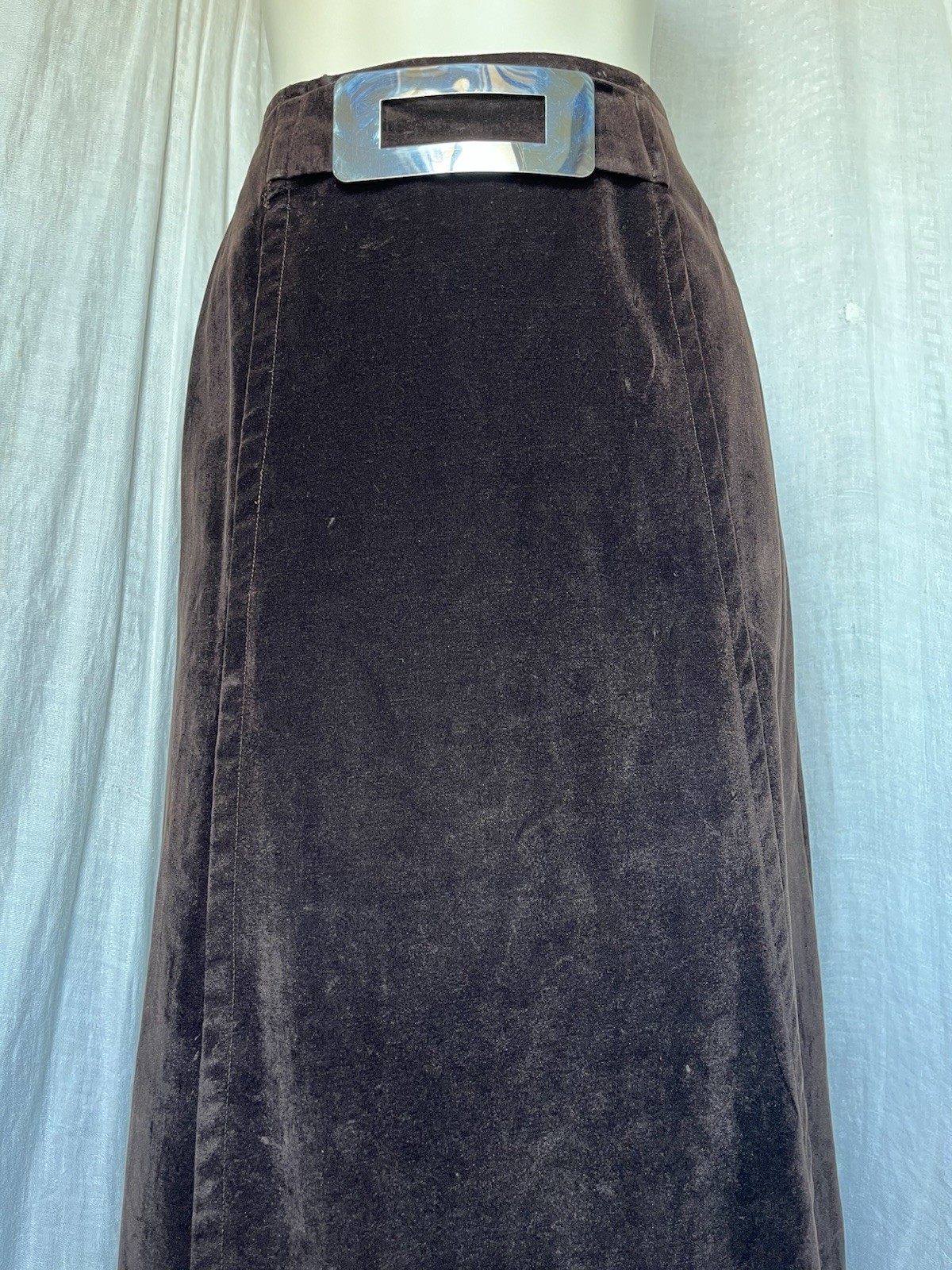 Vintage 1970s Maxi Skirt Brown Velveteen Metal Buckle Boho Hippie Grunge 70s XS