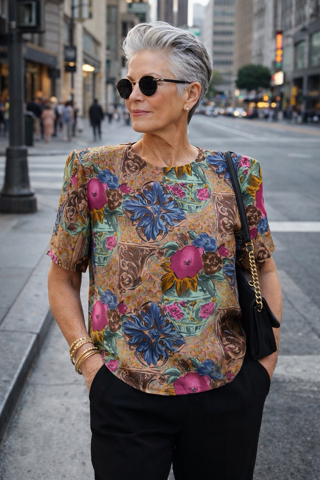 Vintage Women’s Dahan 100% Silk Floral Print Blouse Size Small Padded Shoulder